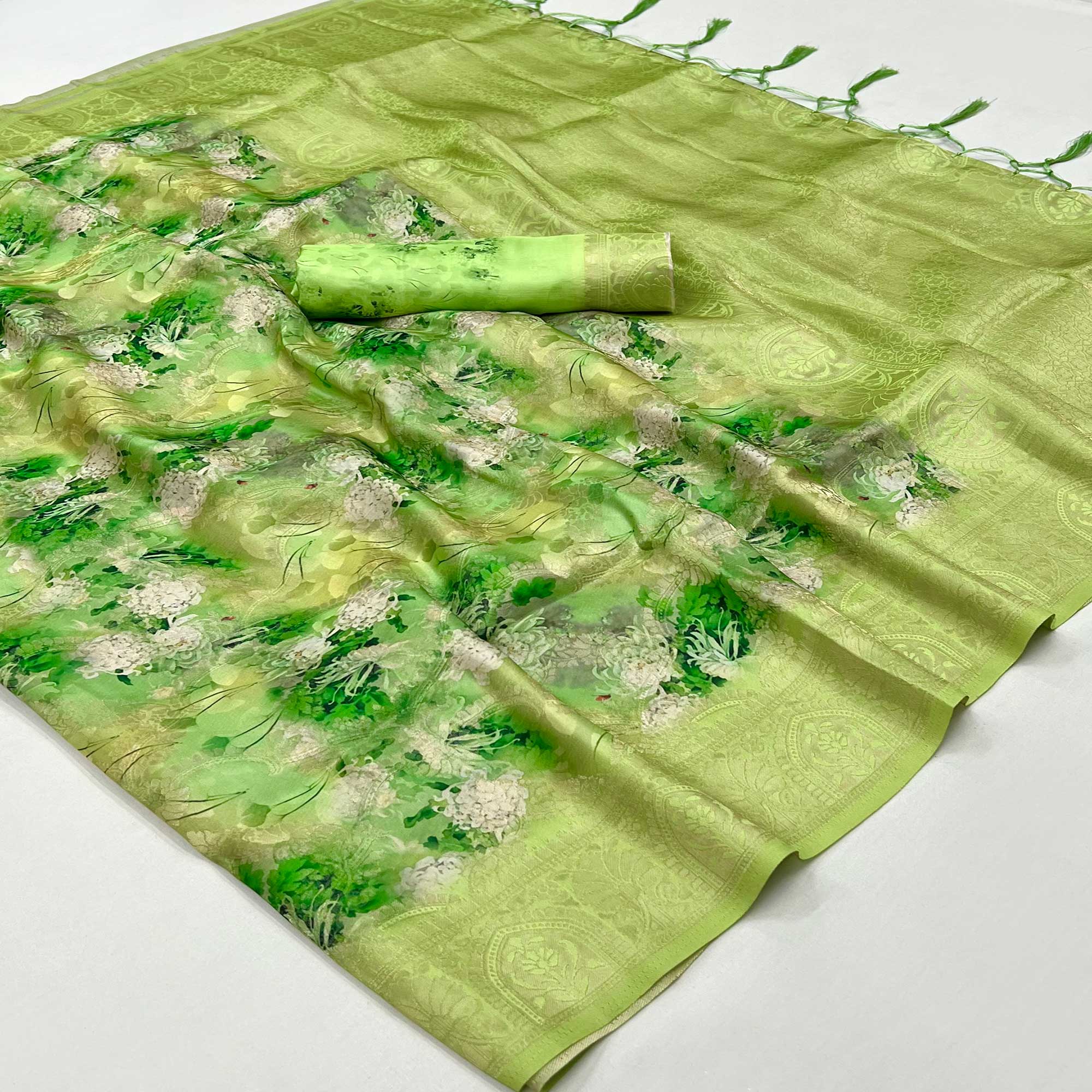 Green Floral Digital Printed Jacquard Saree