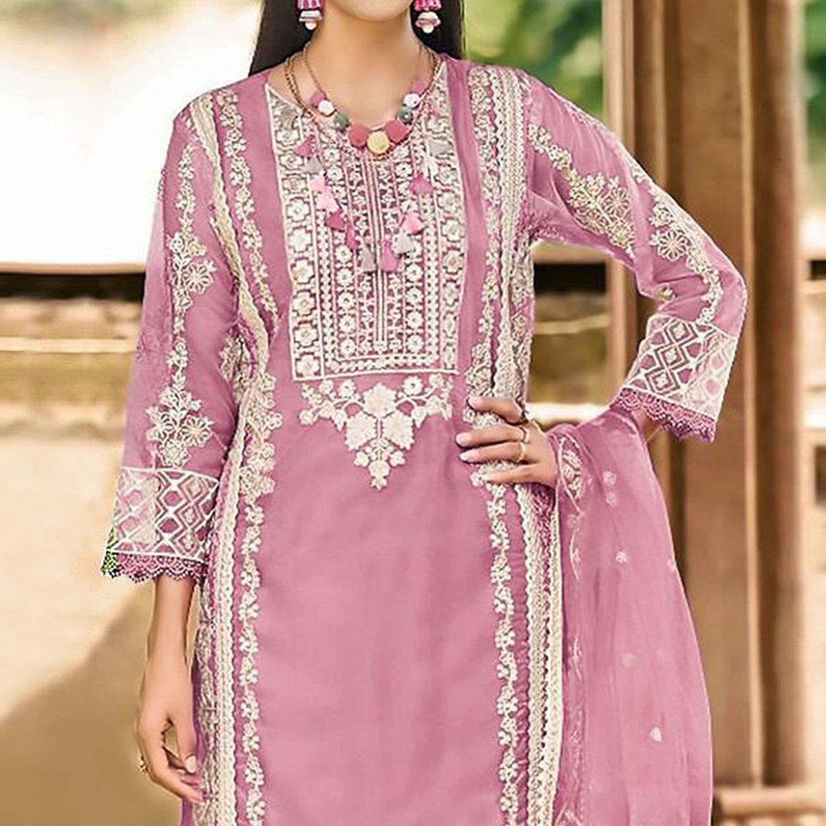 Pink Floral Embroidered Organza Pakistani Suit