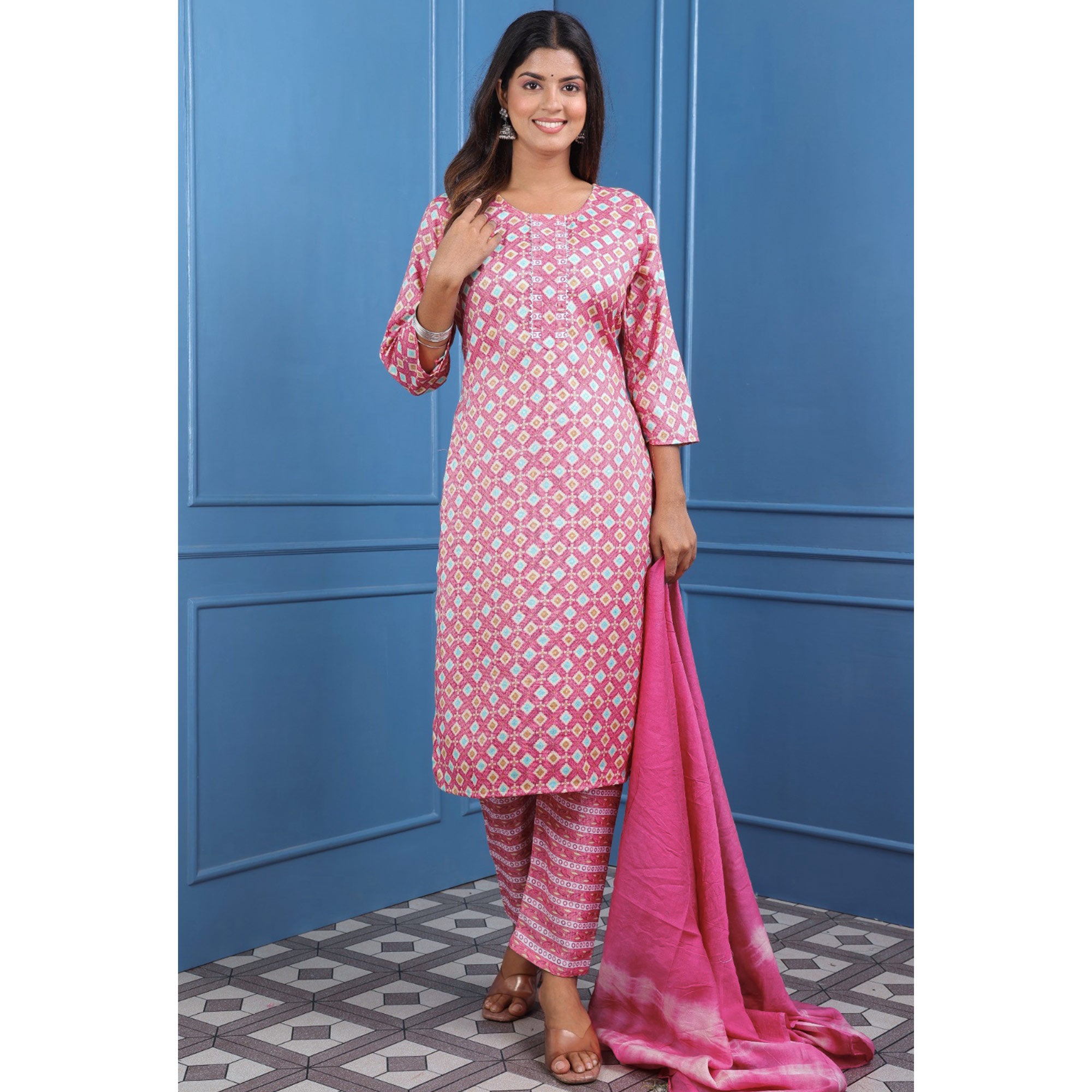 Pink Foil Printed Rayon Suit