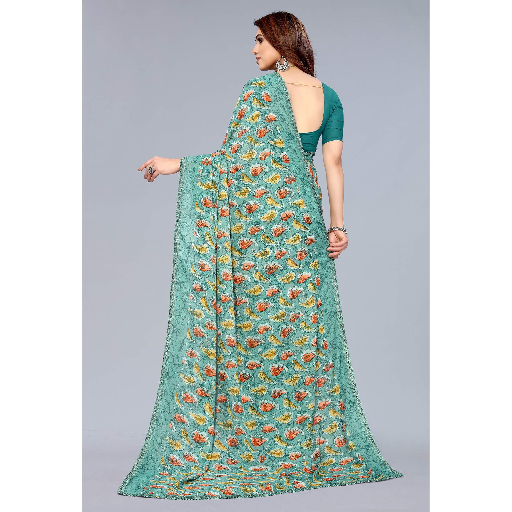 Rama Green Printed Georgette Saree With Crochet Border