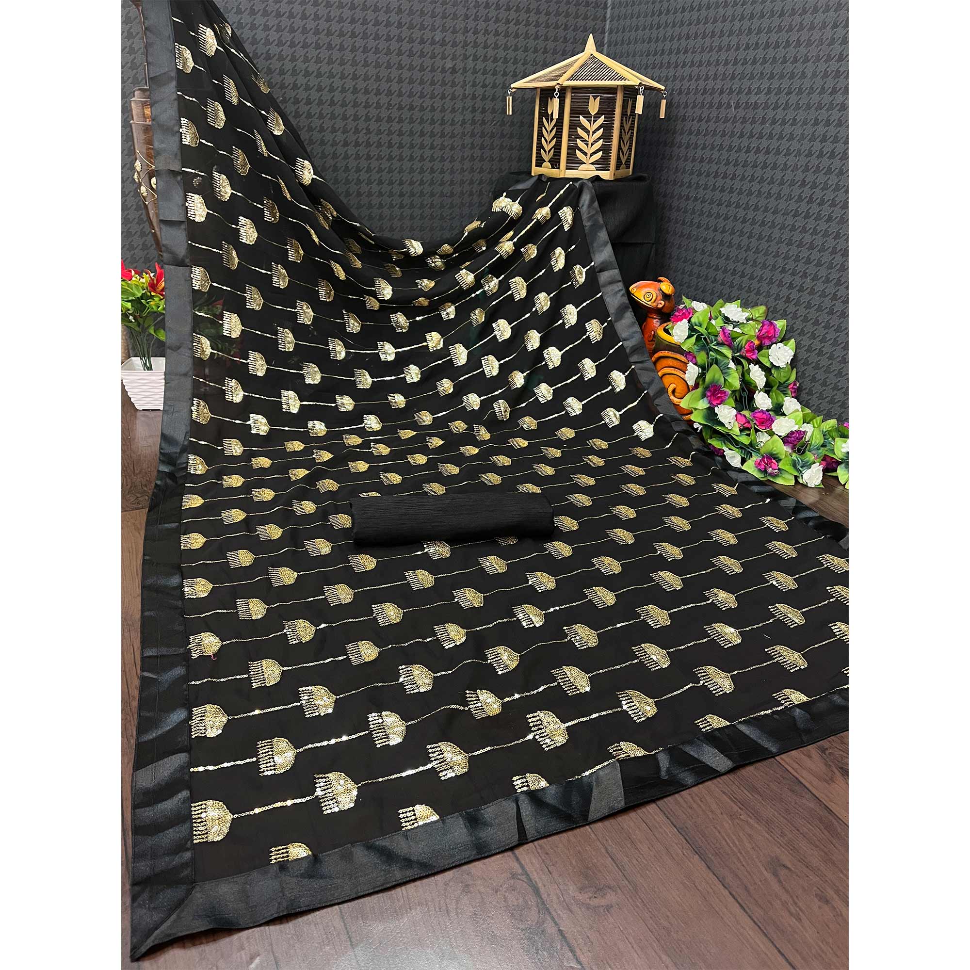 Black Sequins Embroidered Georgette Saree