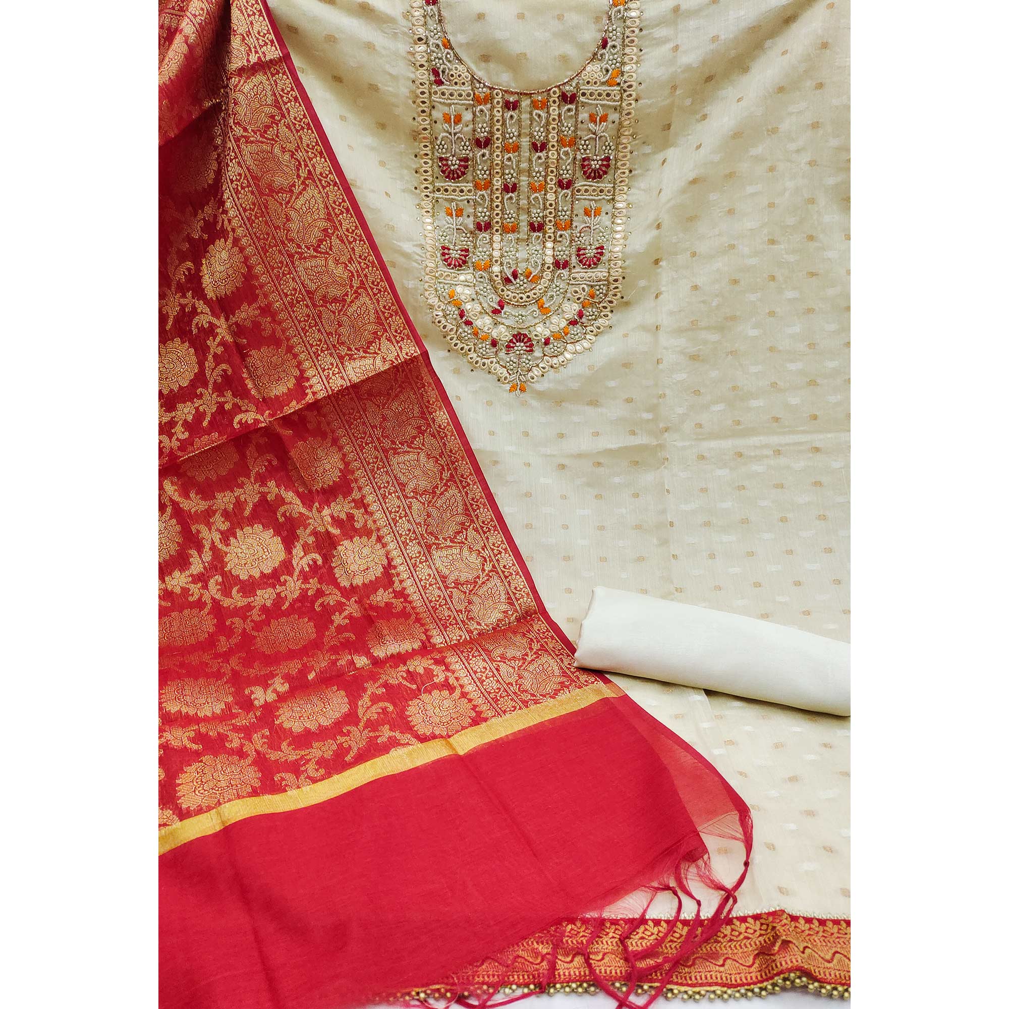 Cream Woven With Handwork Banarasi Silk Dress Material