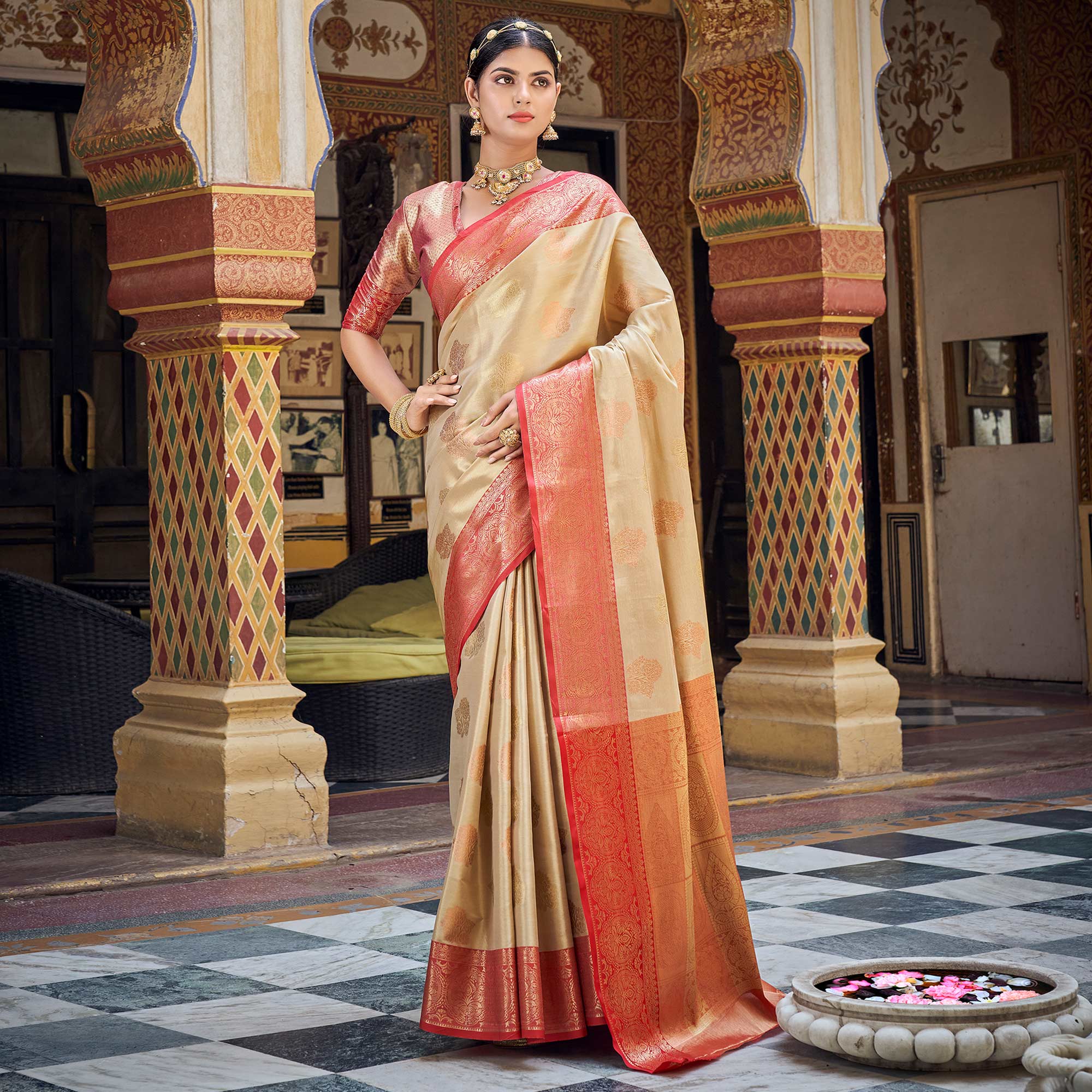 Cream Woven Tissue Saree