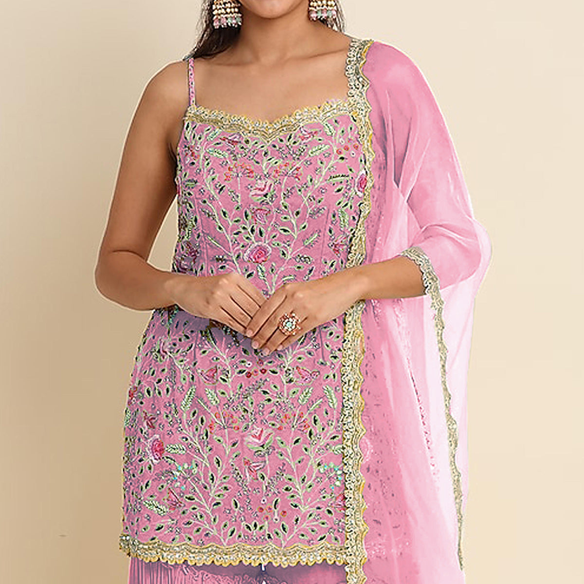 Pink Floral Sequins Embroidered Georgette Sharara Suit