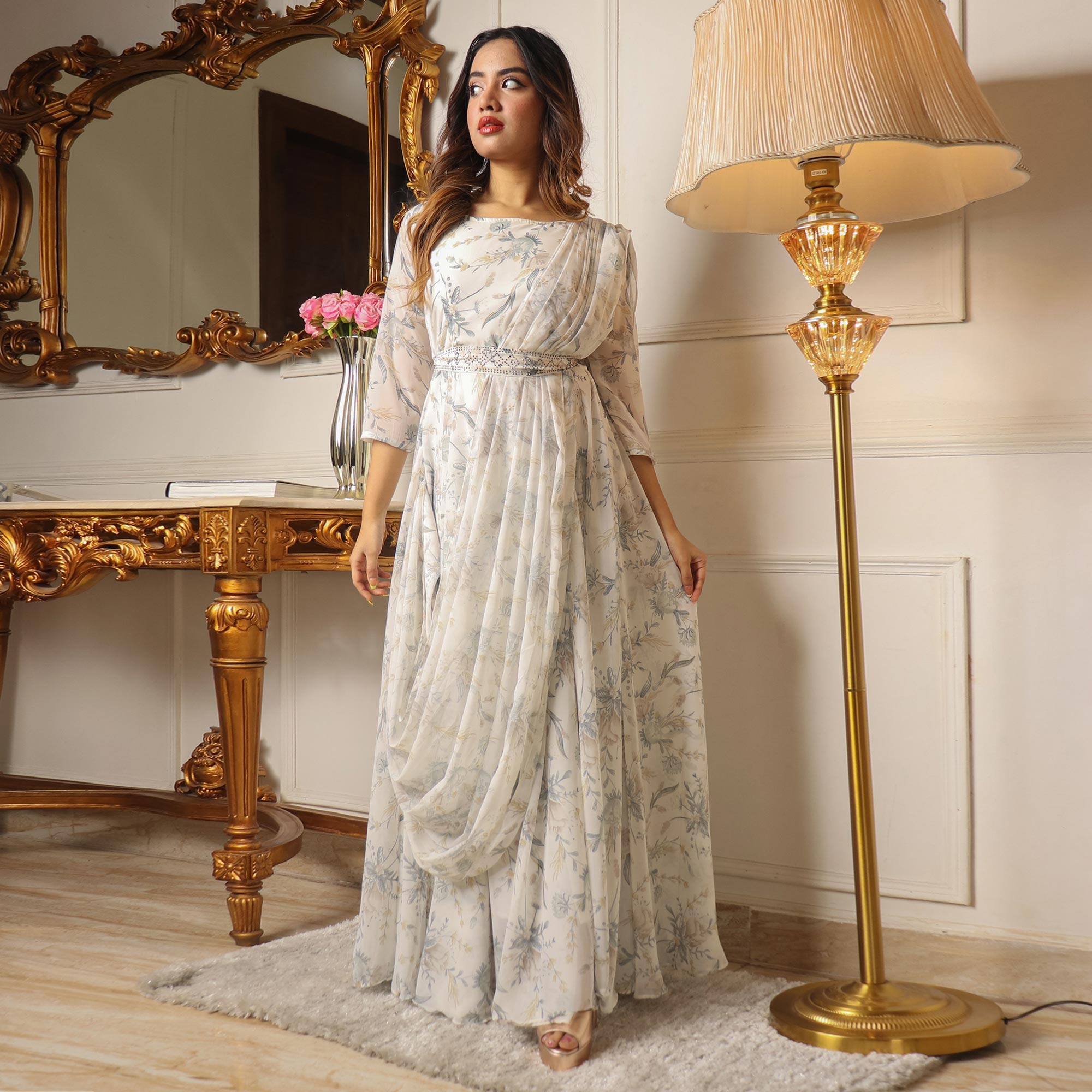 Off White Floral Printed With Stone Work Georgette Gown