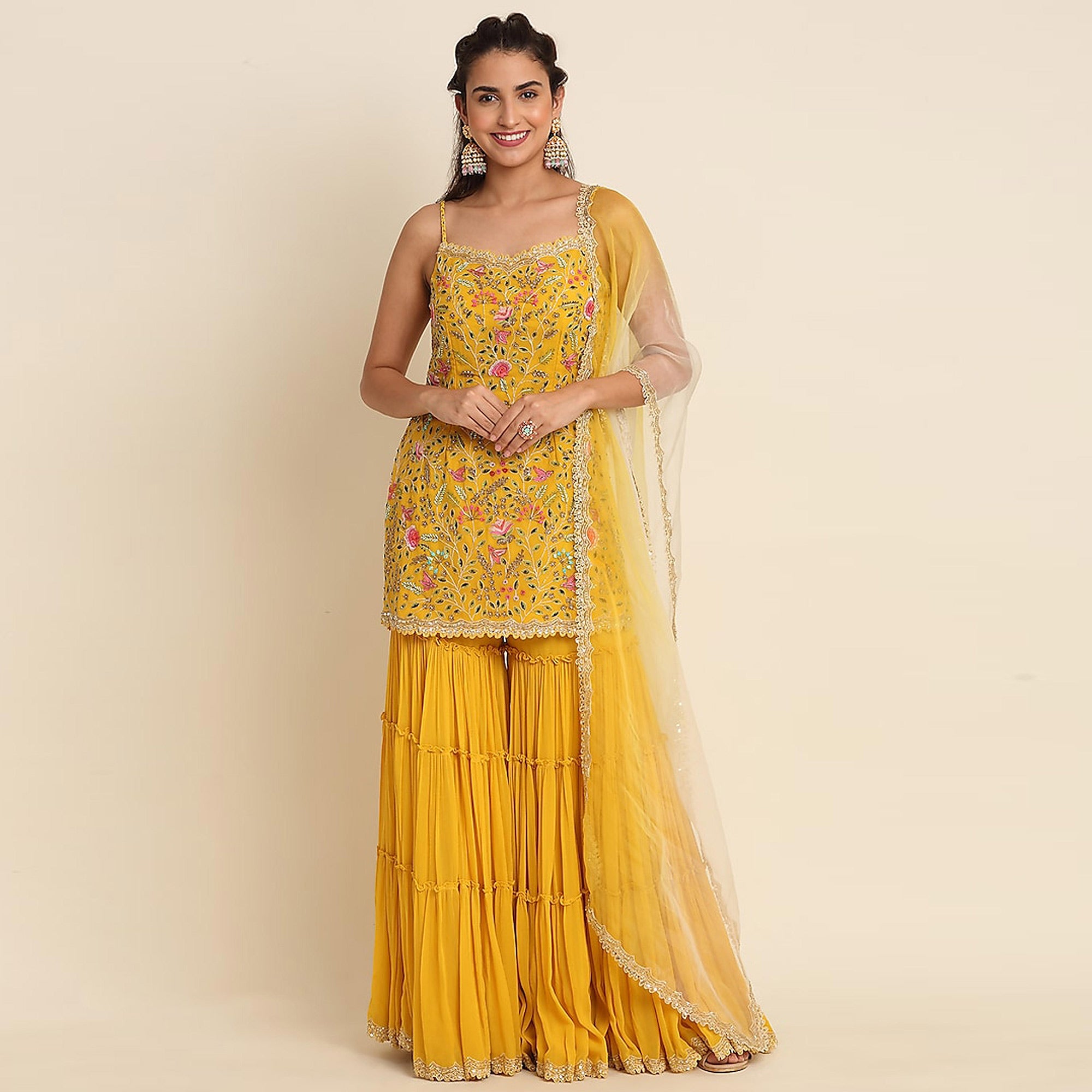 Yellow Floral Sequins Embroidered Georgette Sharara Suit