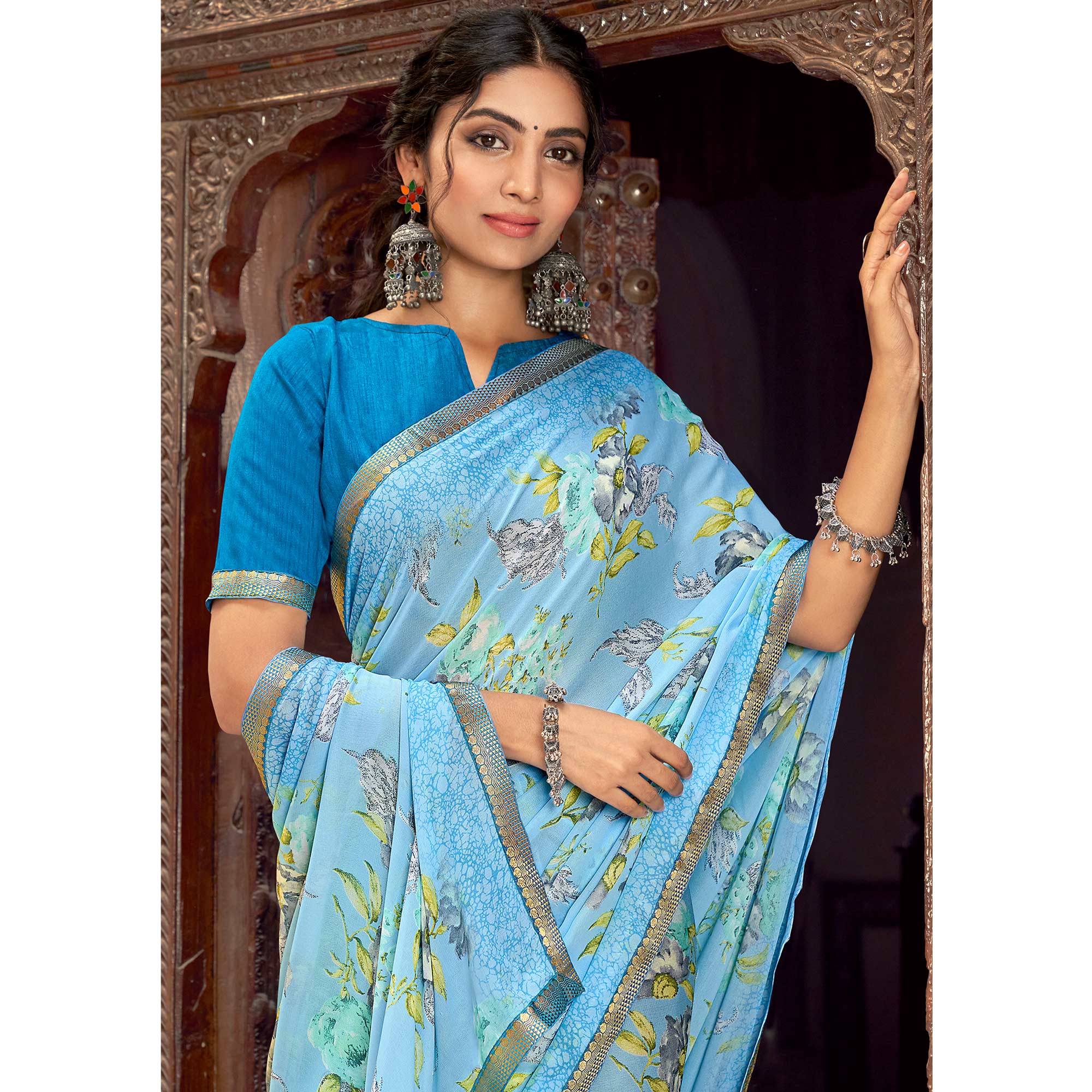 Sky Blue Floral Printed Chiffon Saree