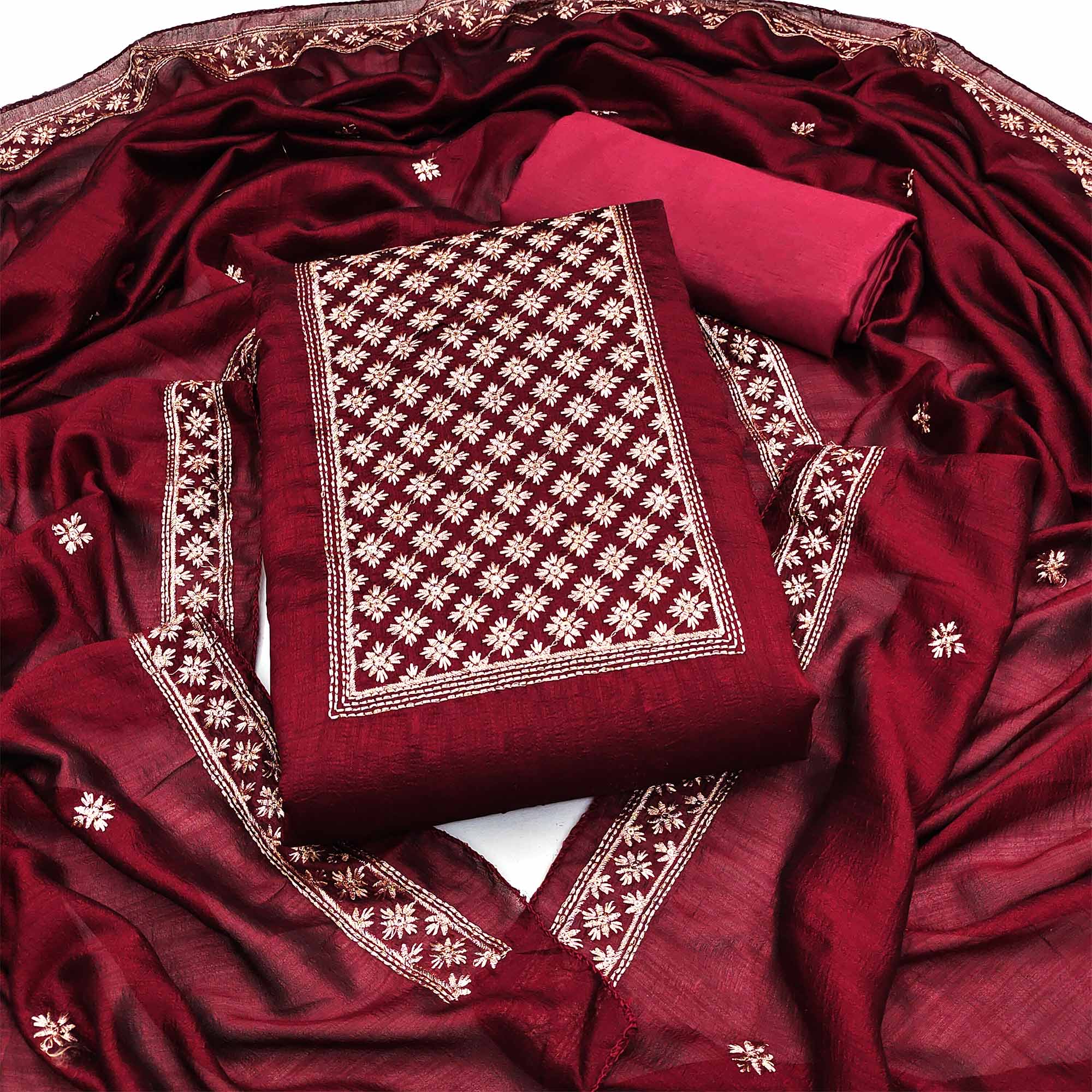 Maroon Embroidered Modal Dress Material