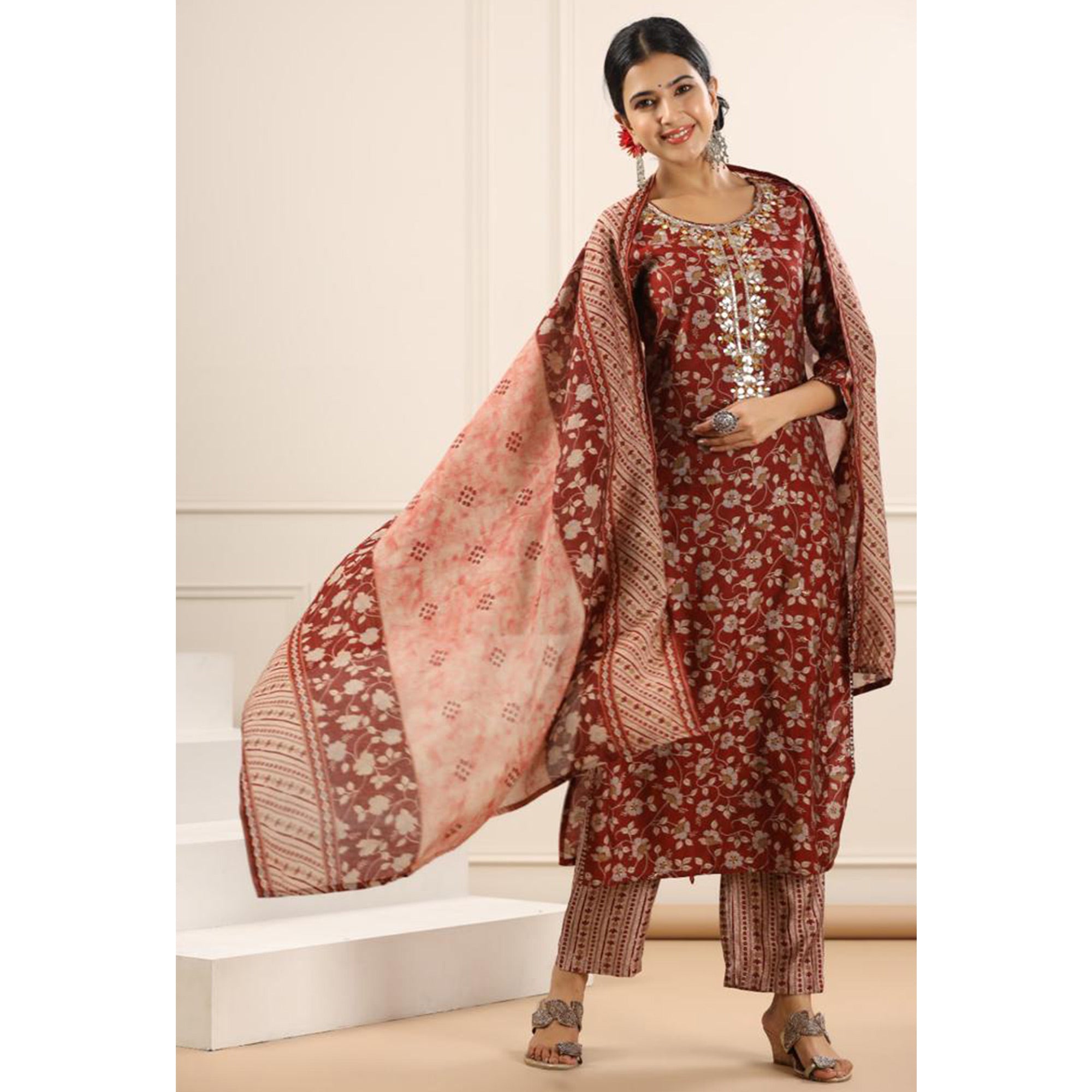 Maroon Jaipuri Printed Chanderi Salwar Suit