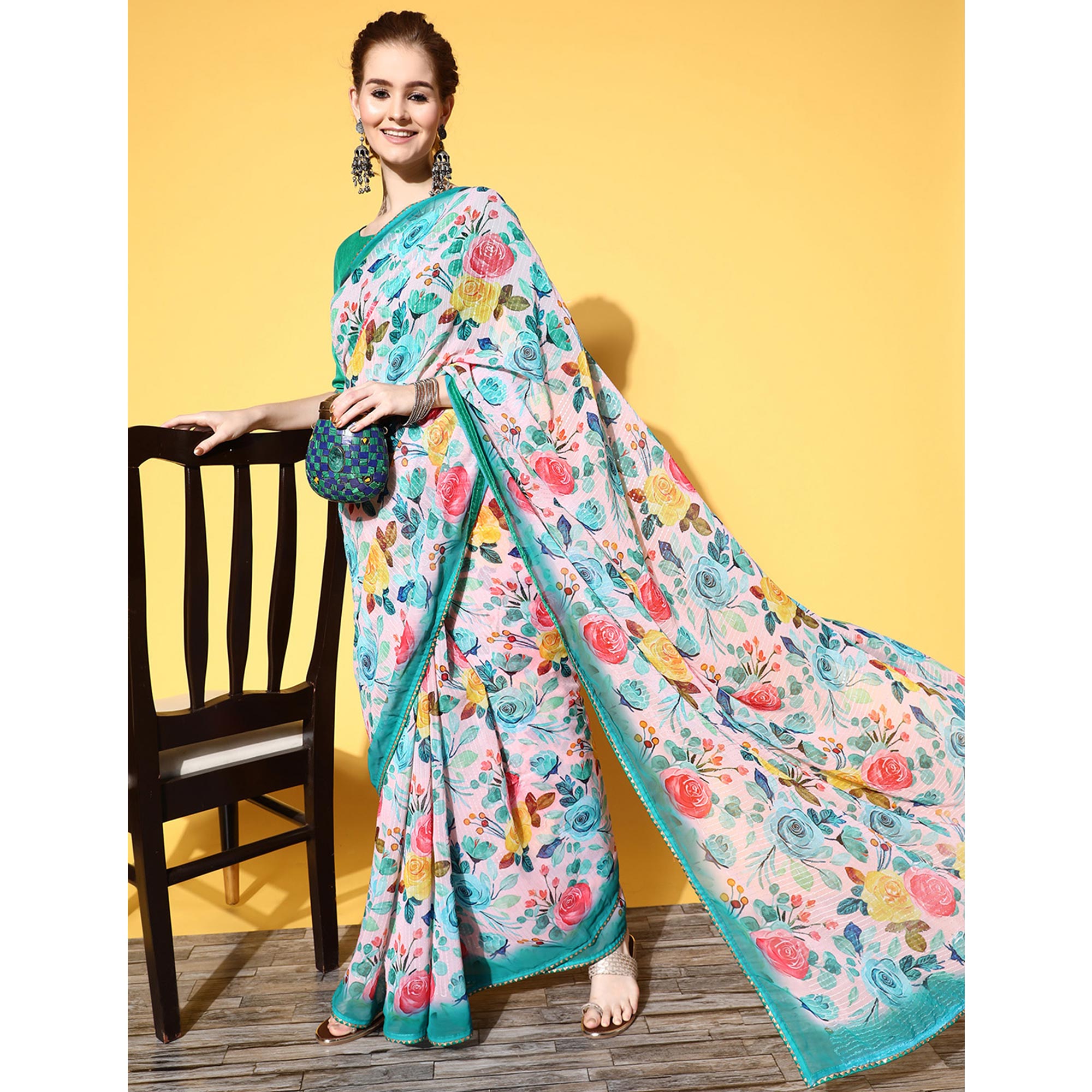 Blue Floral Printed With Sequins Embroidered Georgette Saree