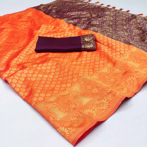 Orange Woven Banarasi Silk Saree With Tassels