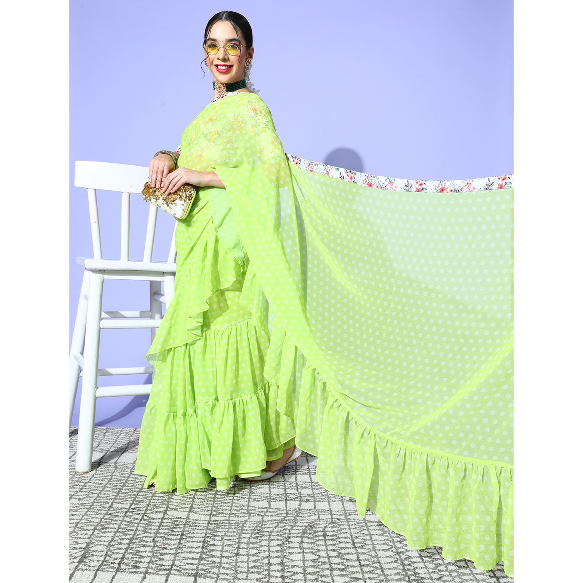 Green Printed Georgette Saree