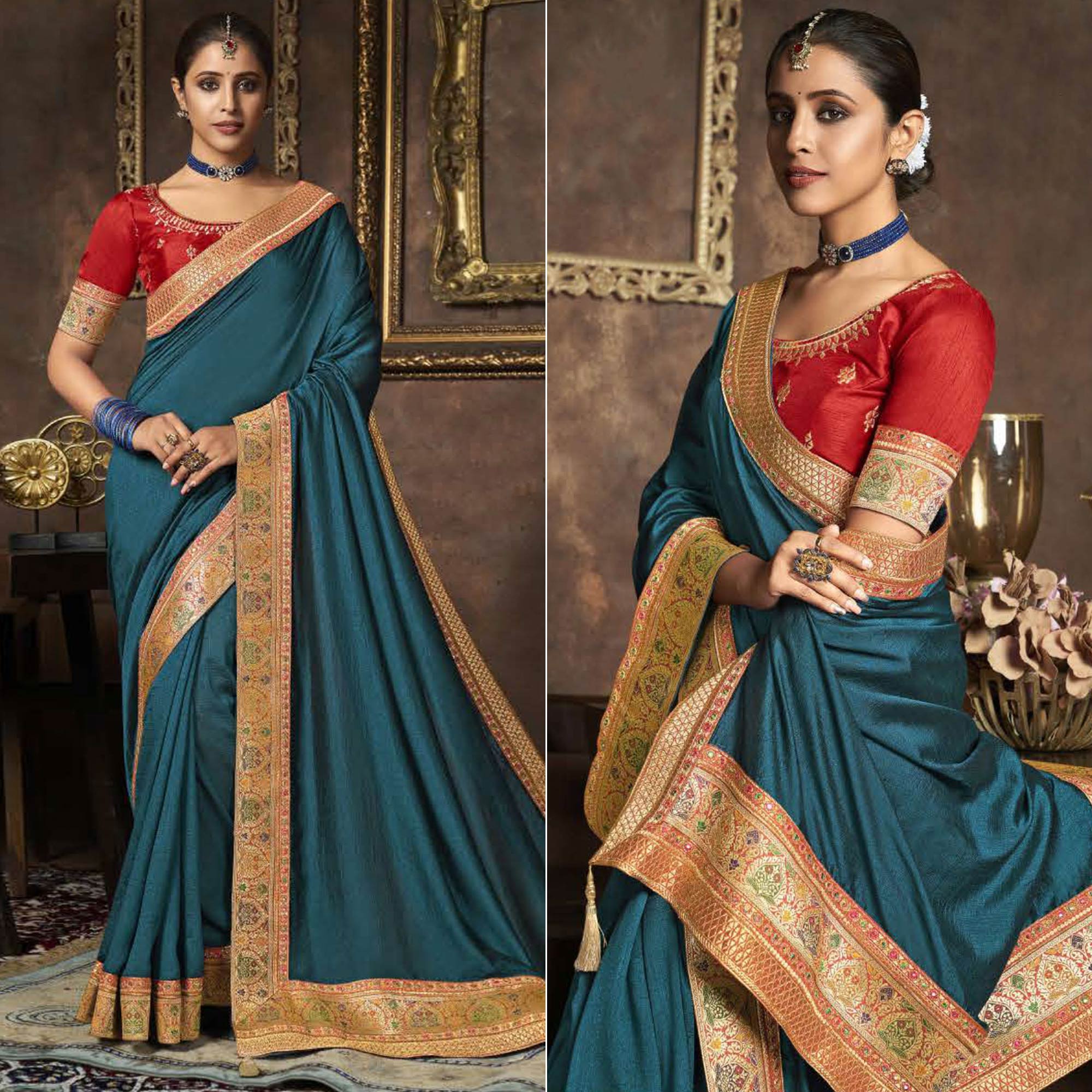 Teal Blue Solid With Woven Border Vichitra Silk Saree