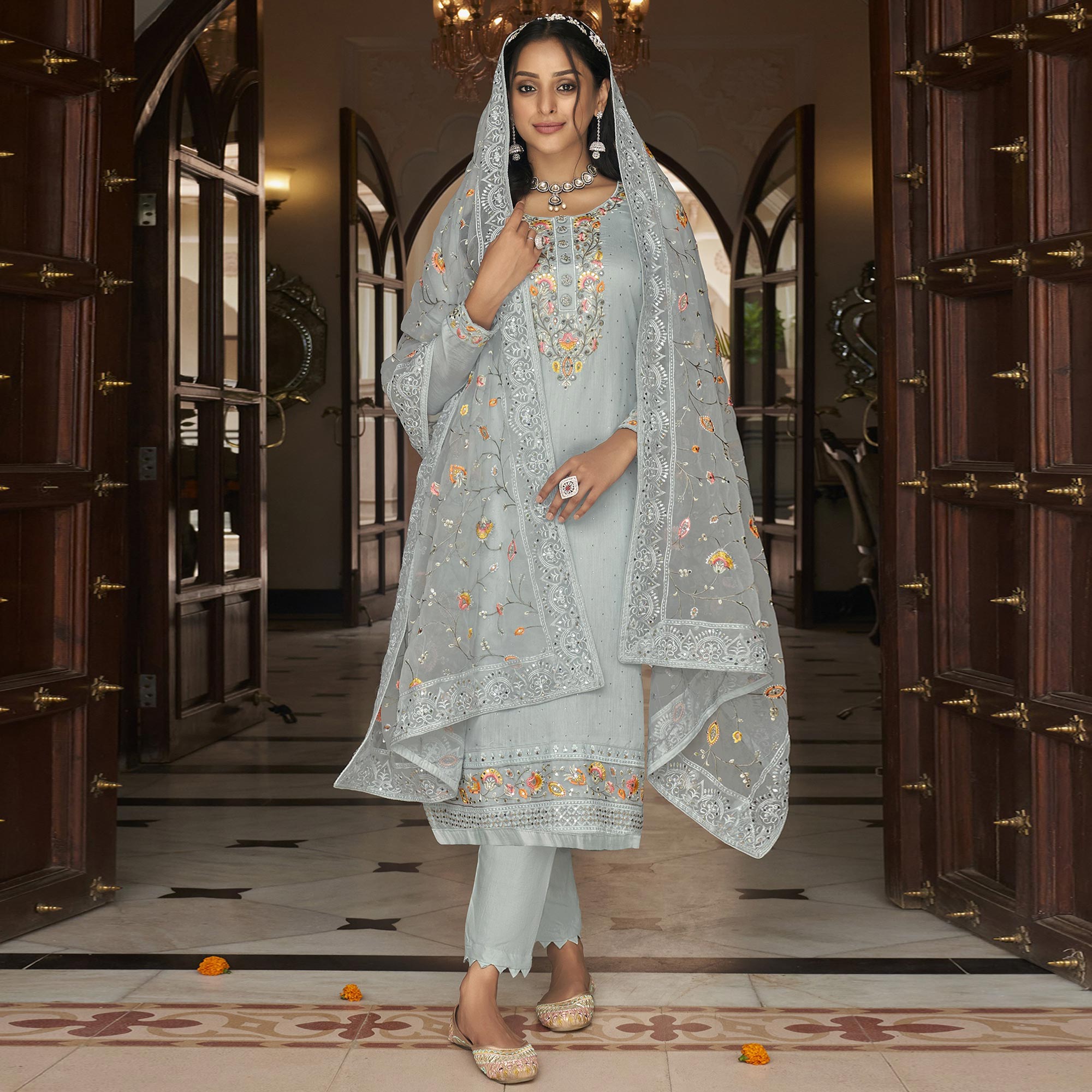 Grey Floral Embroidered Georgette Salwar Suit