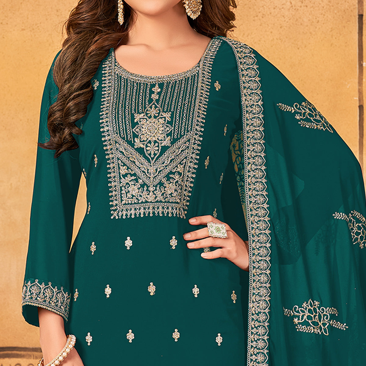 Green Floral Embroidered Georgette Salwar Suit