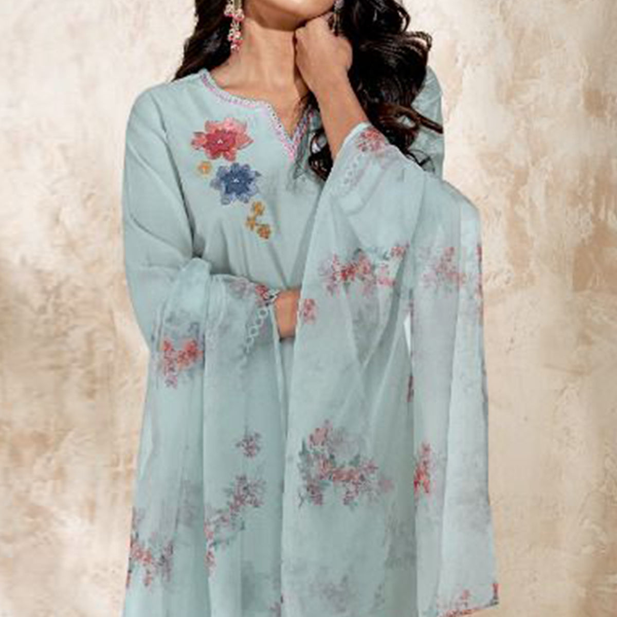 Light Blue Floral Embroidered Viscose Suit