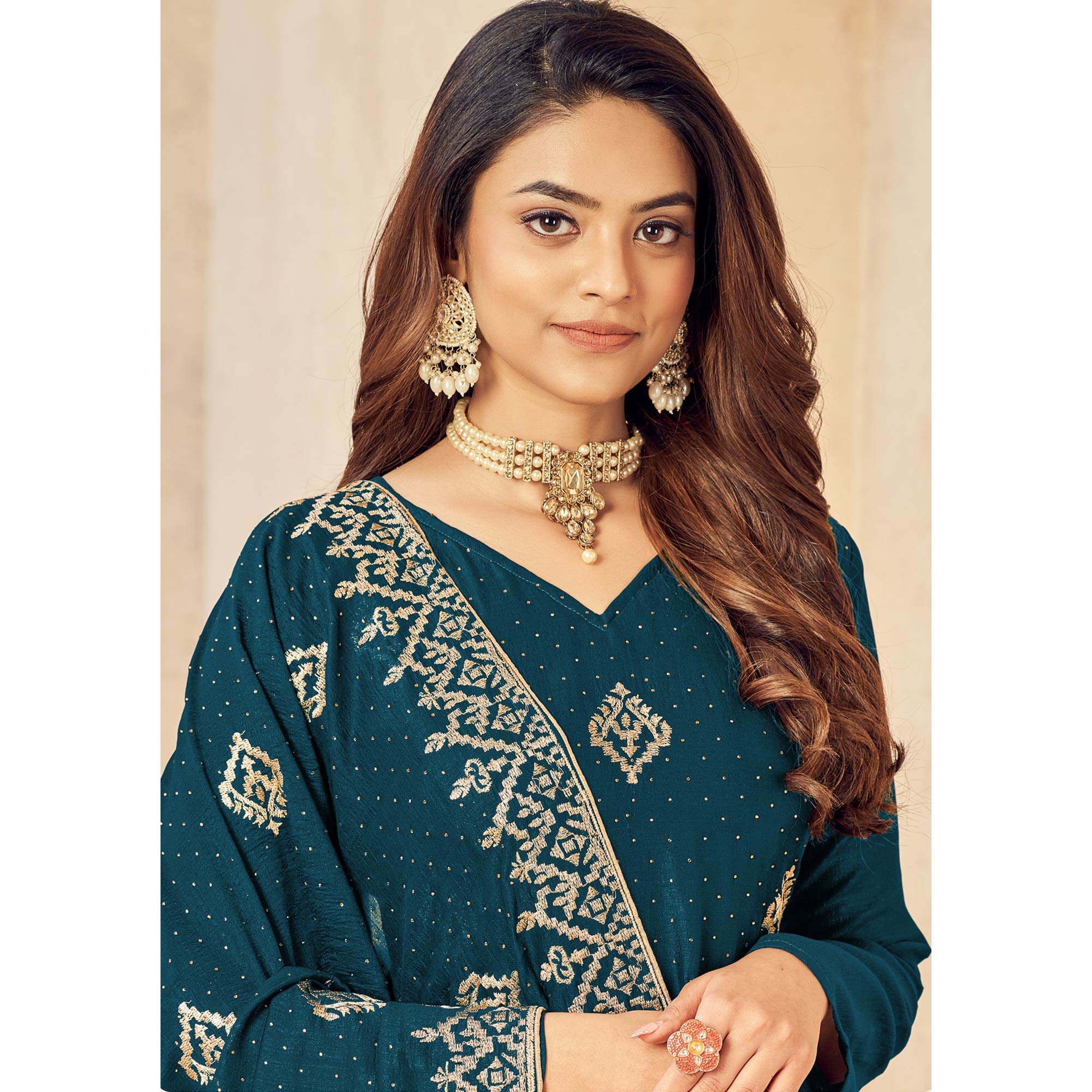 Teal Blue Embroidered Vichitra Silk Suit