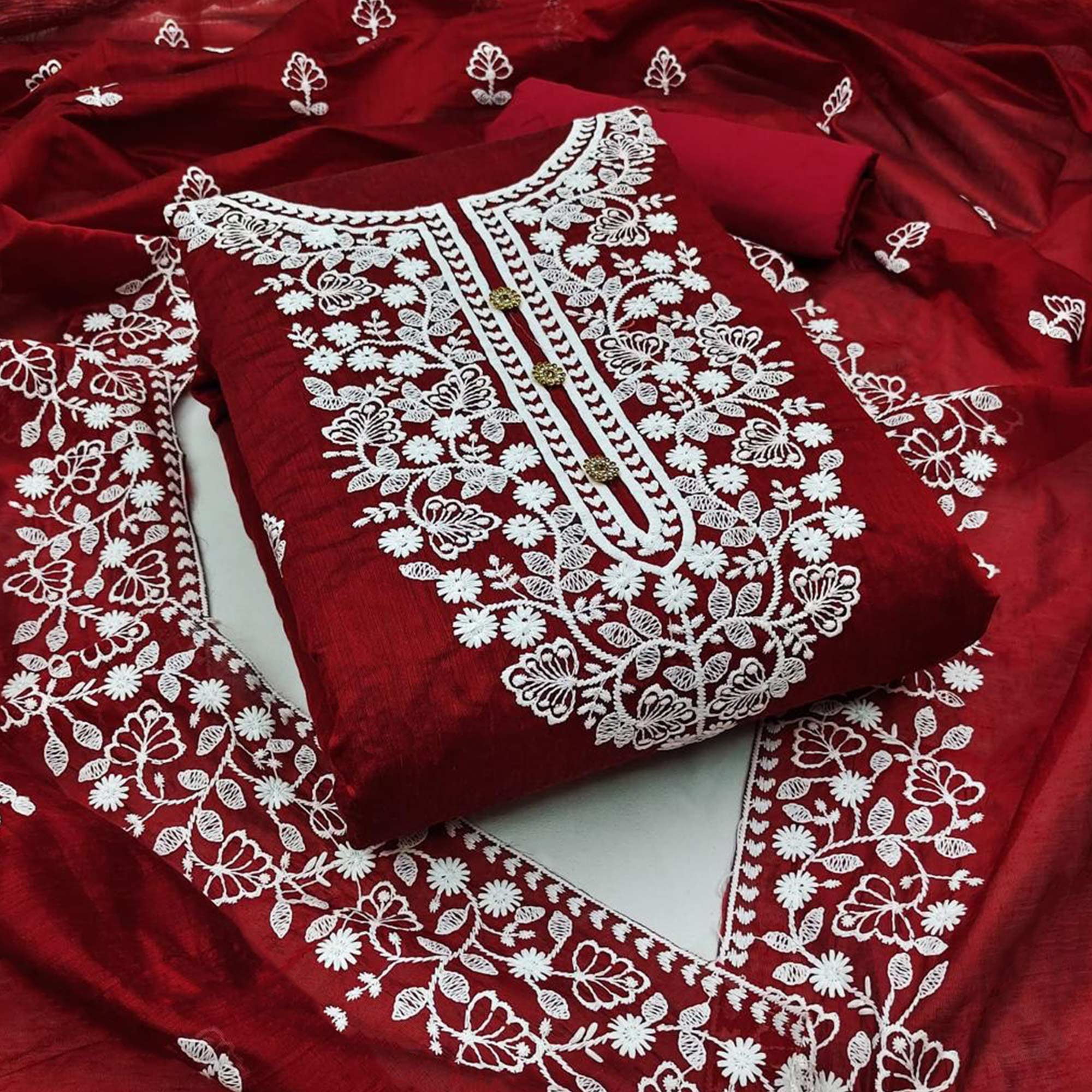 Maroon Floral Embroidered Modal Dress Material