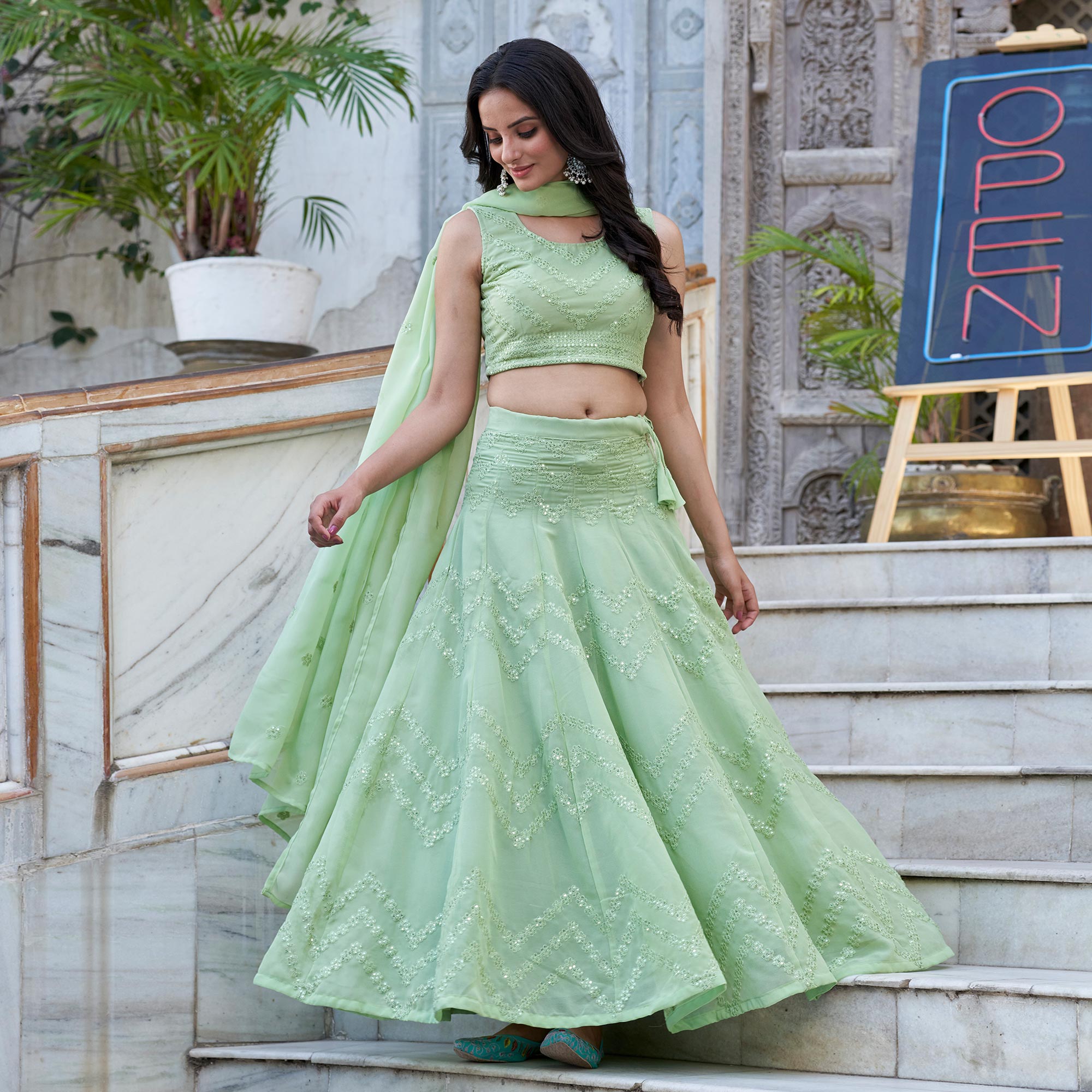 Green Sequins Embroidered Viscose Georgette Lehenga Choli