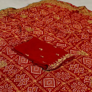 Red Bandhani Printed With Embroidered Georgette Saree