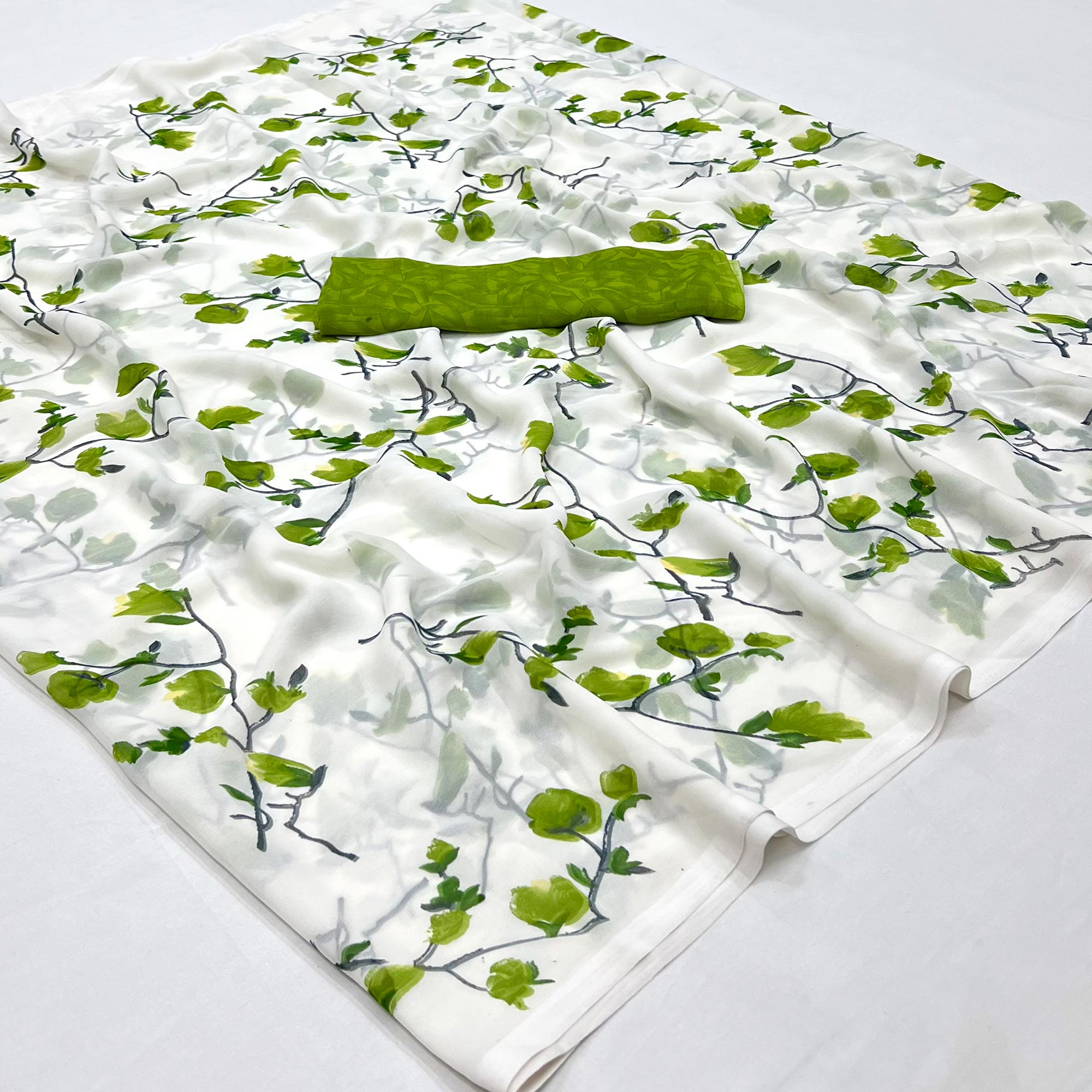 White Olive Green Floral Printed Georgette Saree