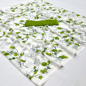 White Olive Green Floral Printed Georgette Saree