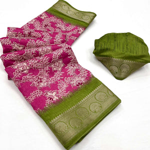 Pink Floral Printed With Woven Border Dola Silk Saree
