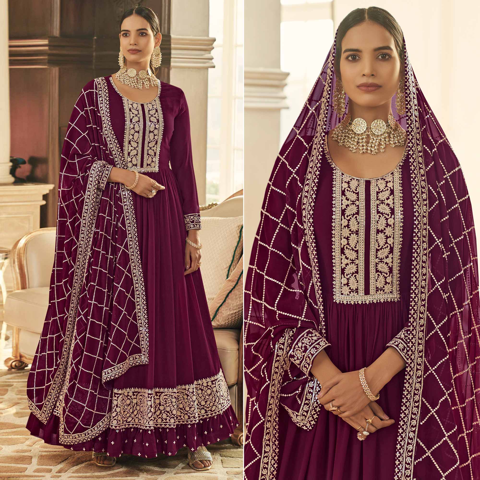 Wine Embroidered Georgette Gown
