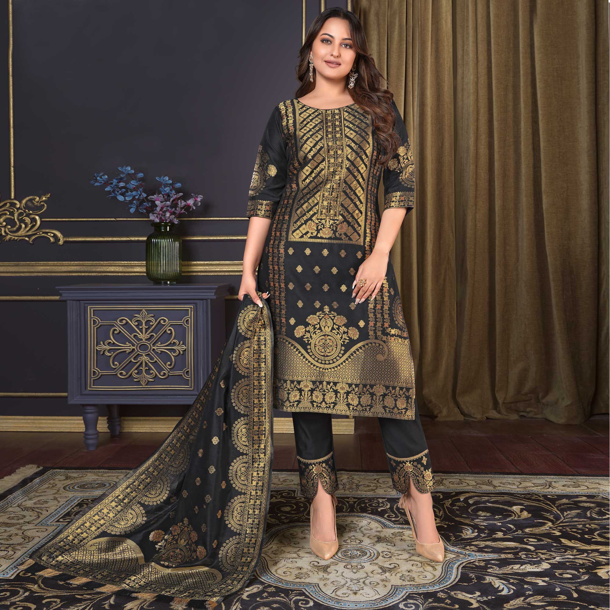 Black Woven Banarasi Silk Salwar Suit