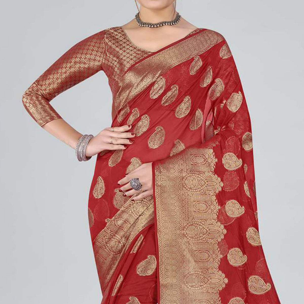 Red Woven Organza Saree With Tassels