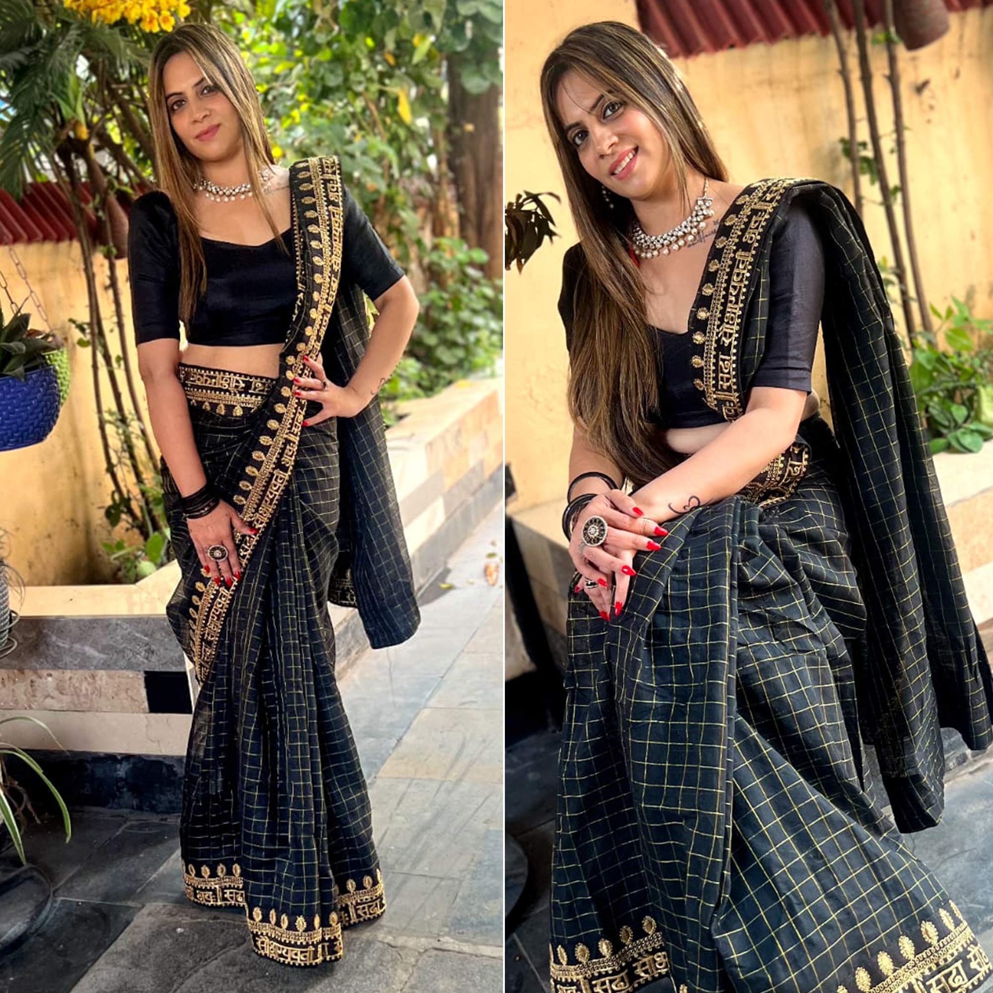 Black Checks With Embroidered Border Modal Saree