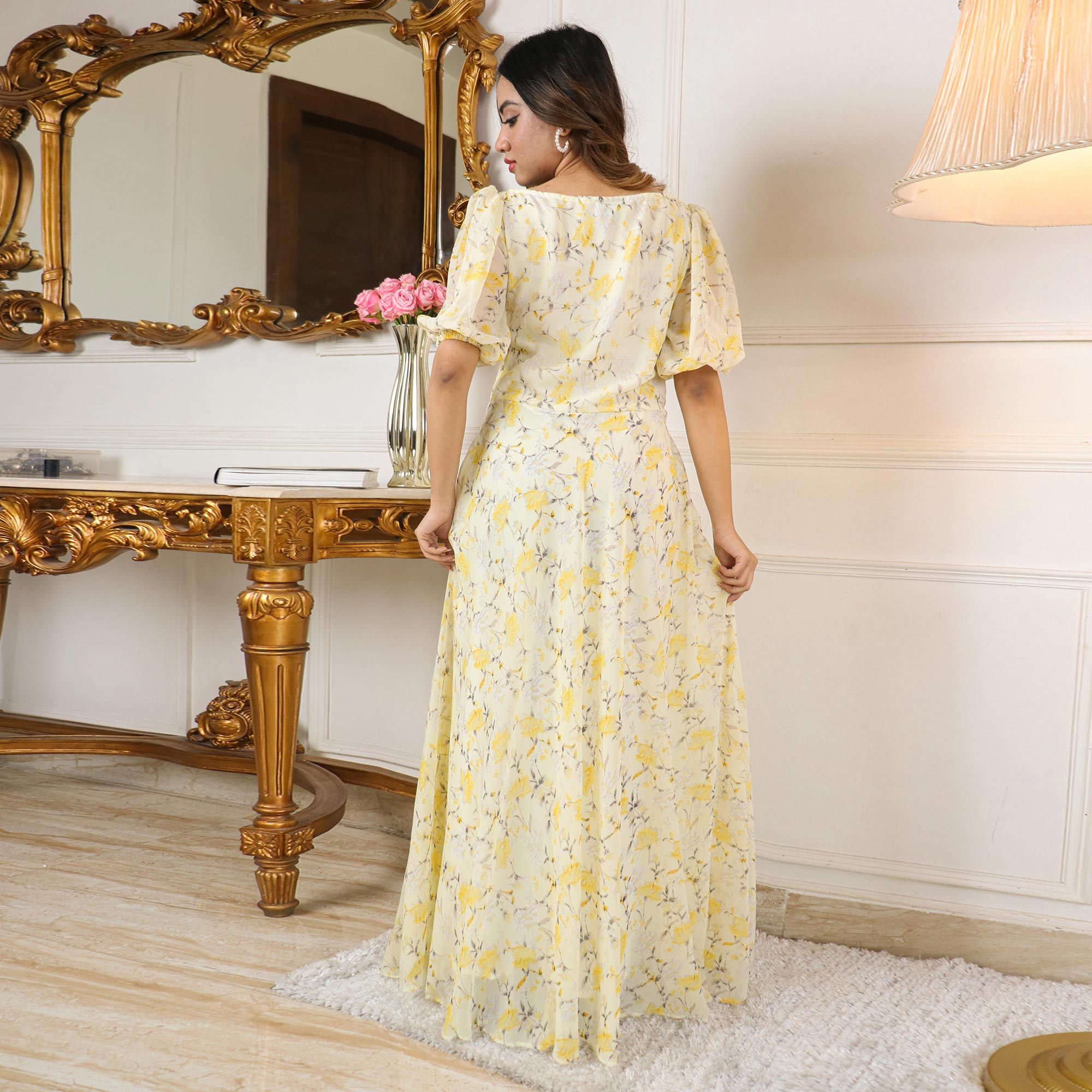 Light Lemon Yellow Floral Printed Georgette Gown
