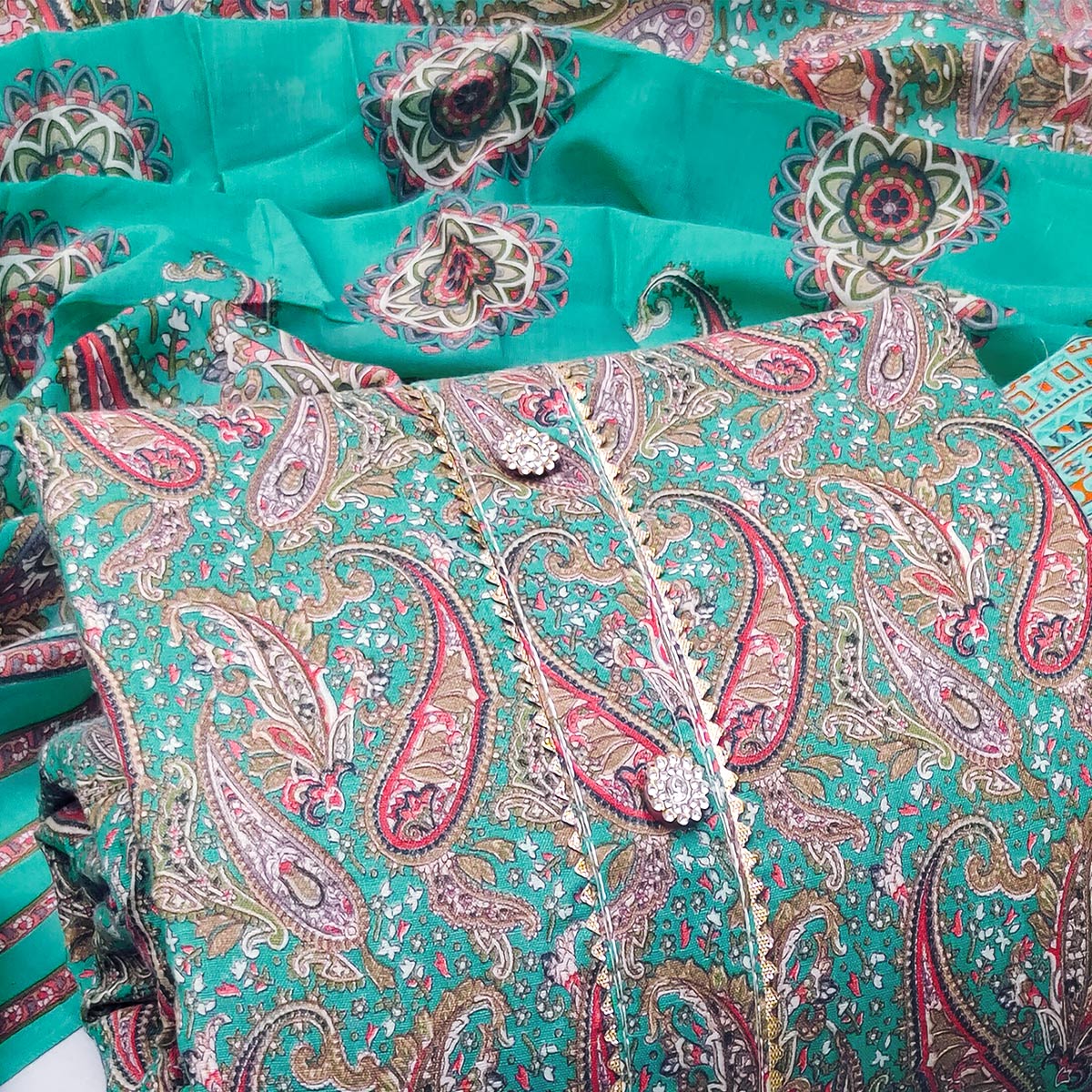 Green Printed Cotton Blend Dress Material