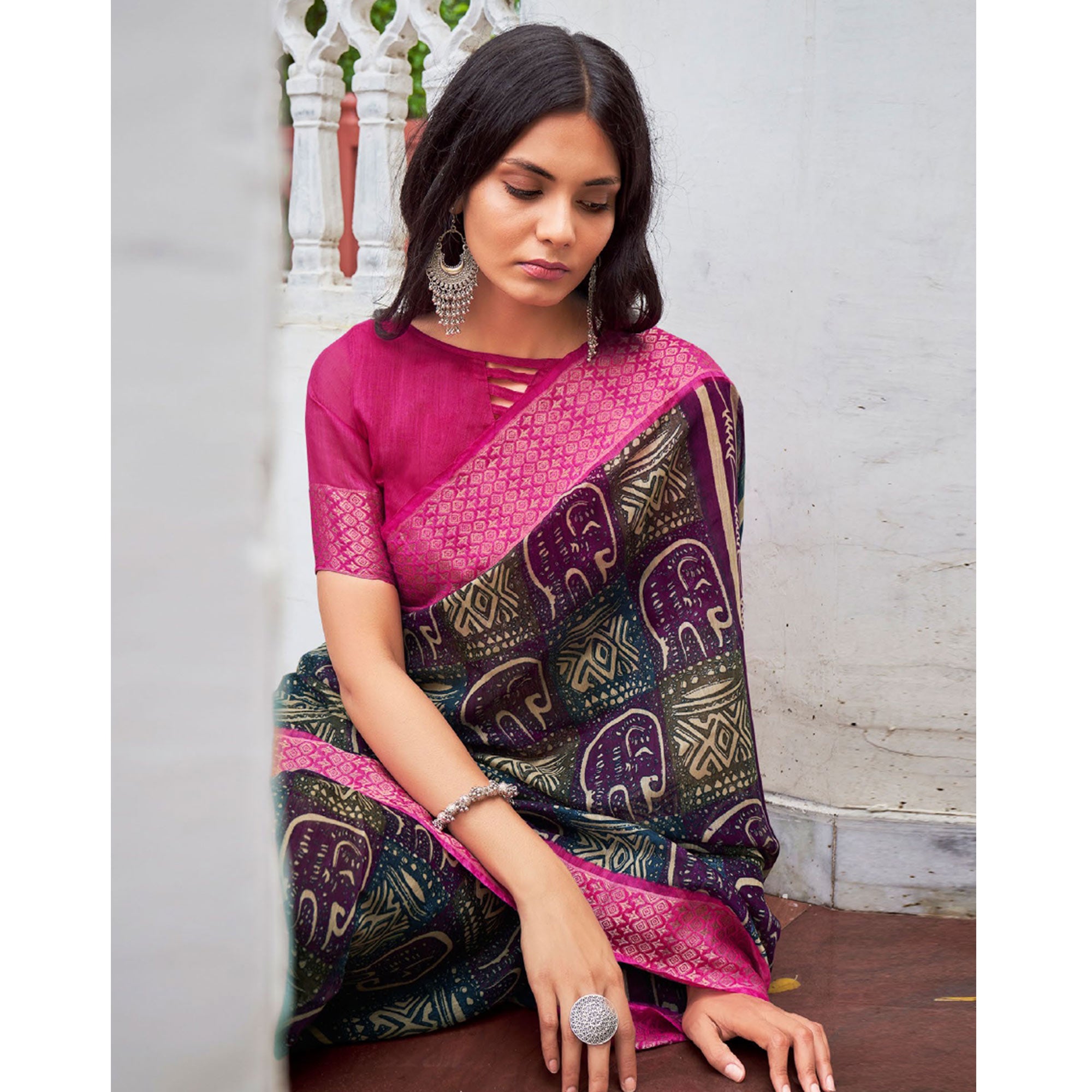 Multicolored Printed With Woven Border Raw Silk Saree