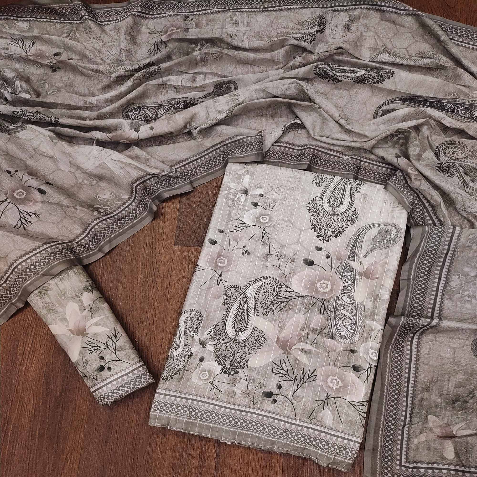 Grey Digital Printed Muslin Dress Material