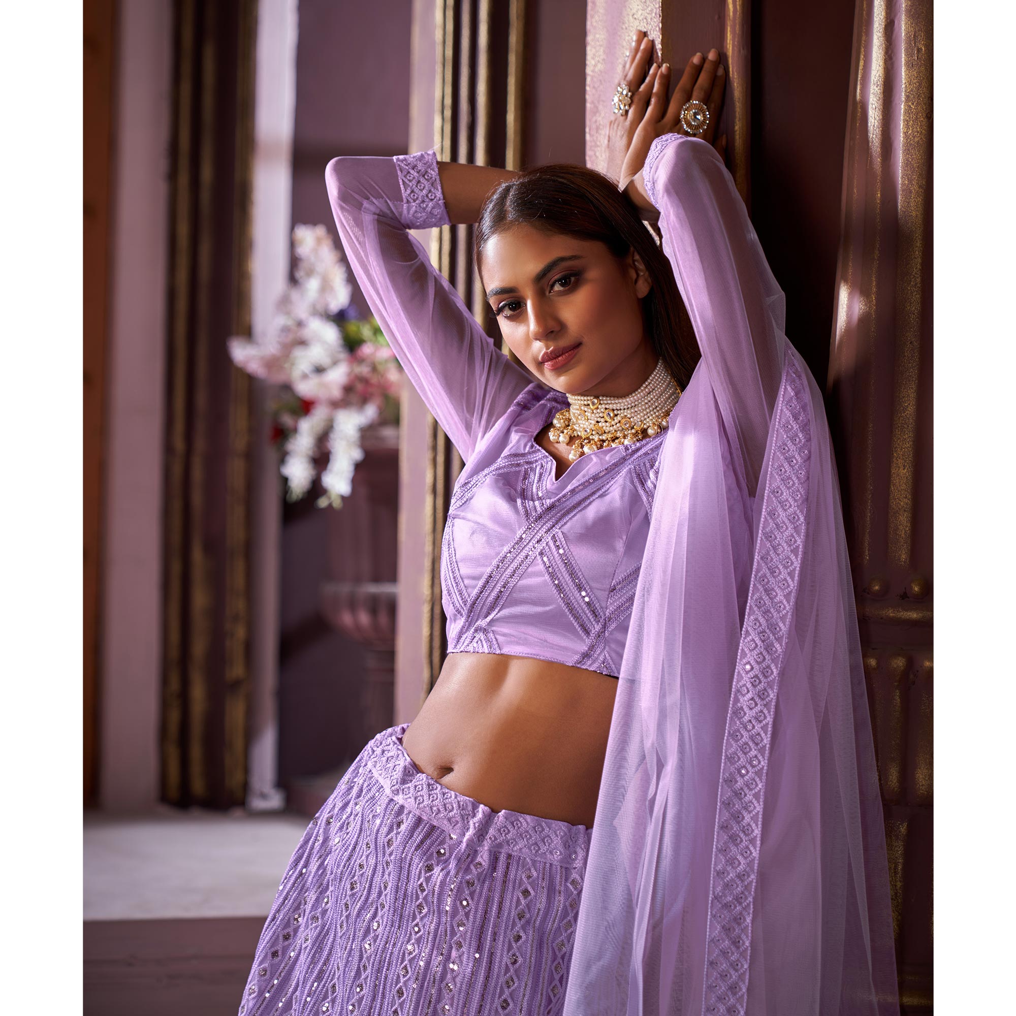 Violet Sequins Embroidered Netted Lehenga Choli