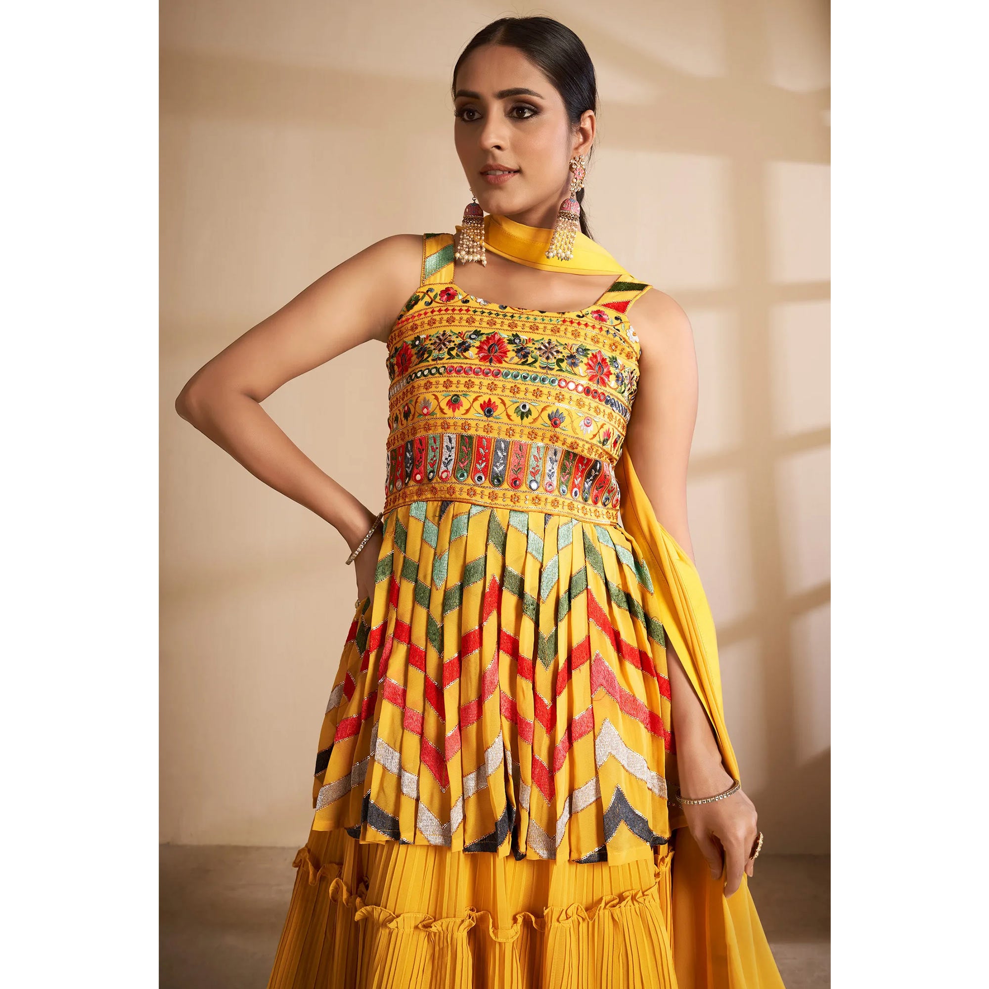 Yellow Floral Embroidered Georgette Sharara Suit