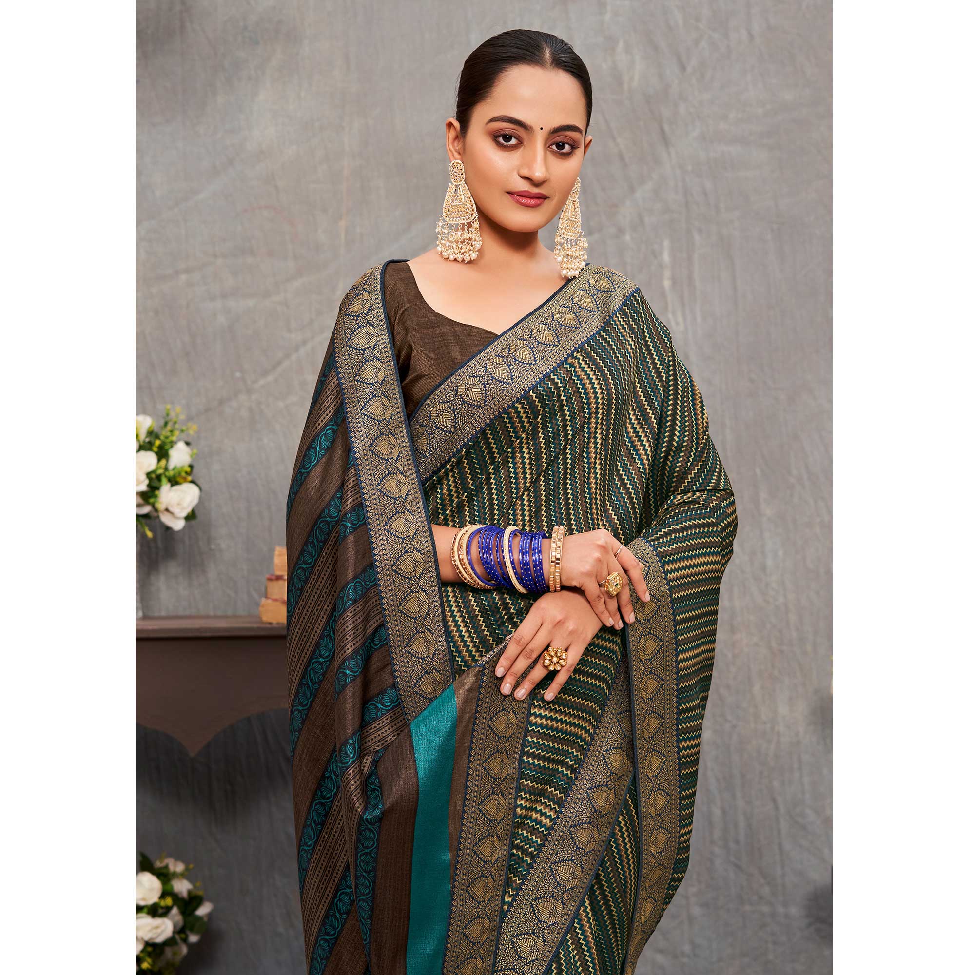 Multicolor Printed With lace Border Tussar Silk Saree