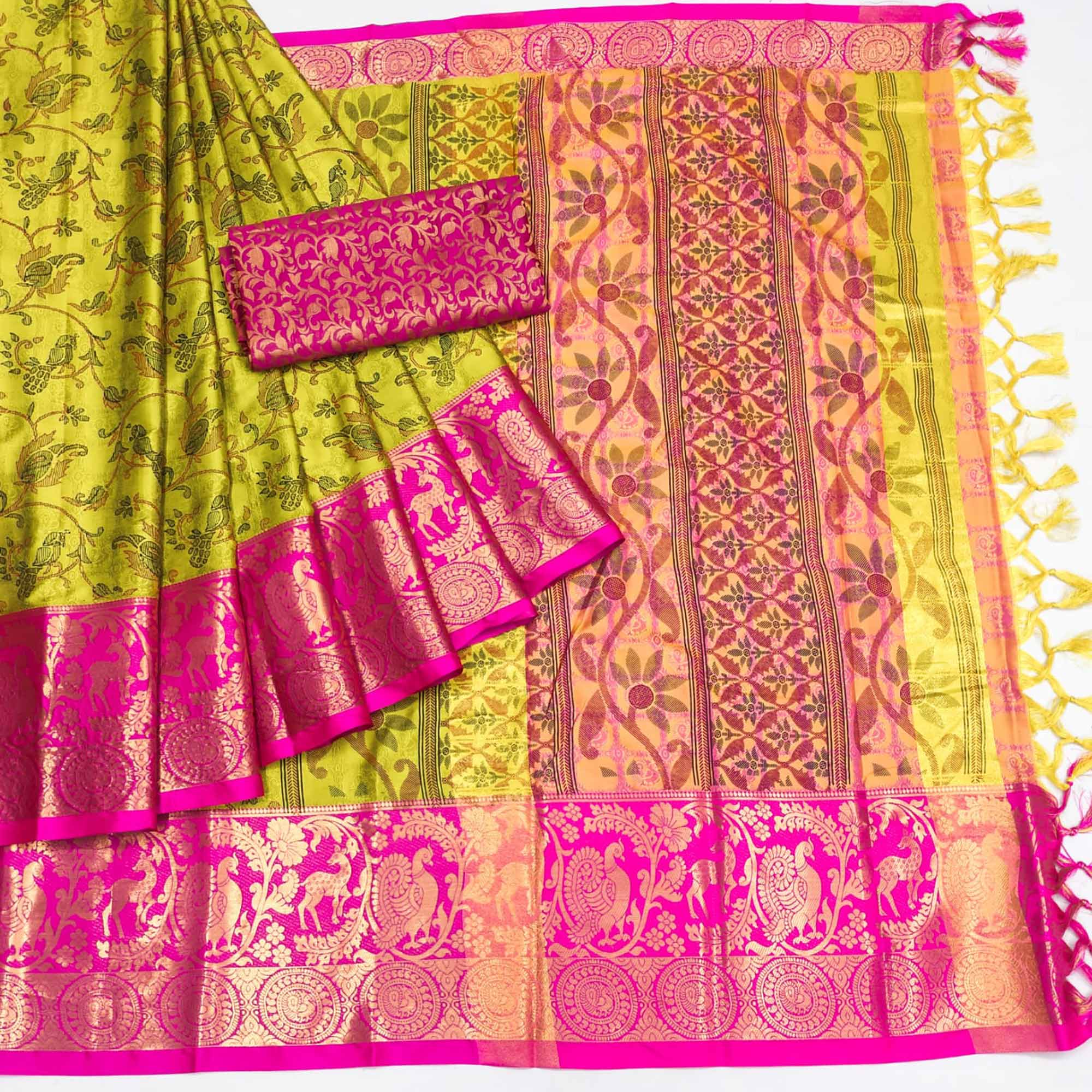 Lemon Green Printed With Woven Border Cotton Silk Saree