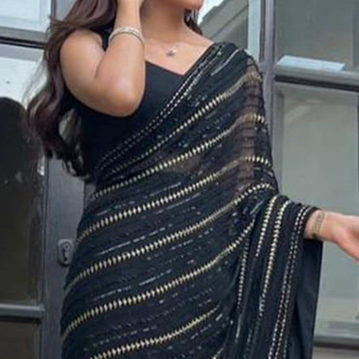 Black Sequins Embroidered Georgette Saree