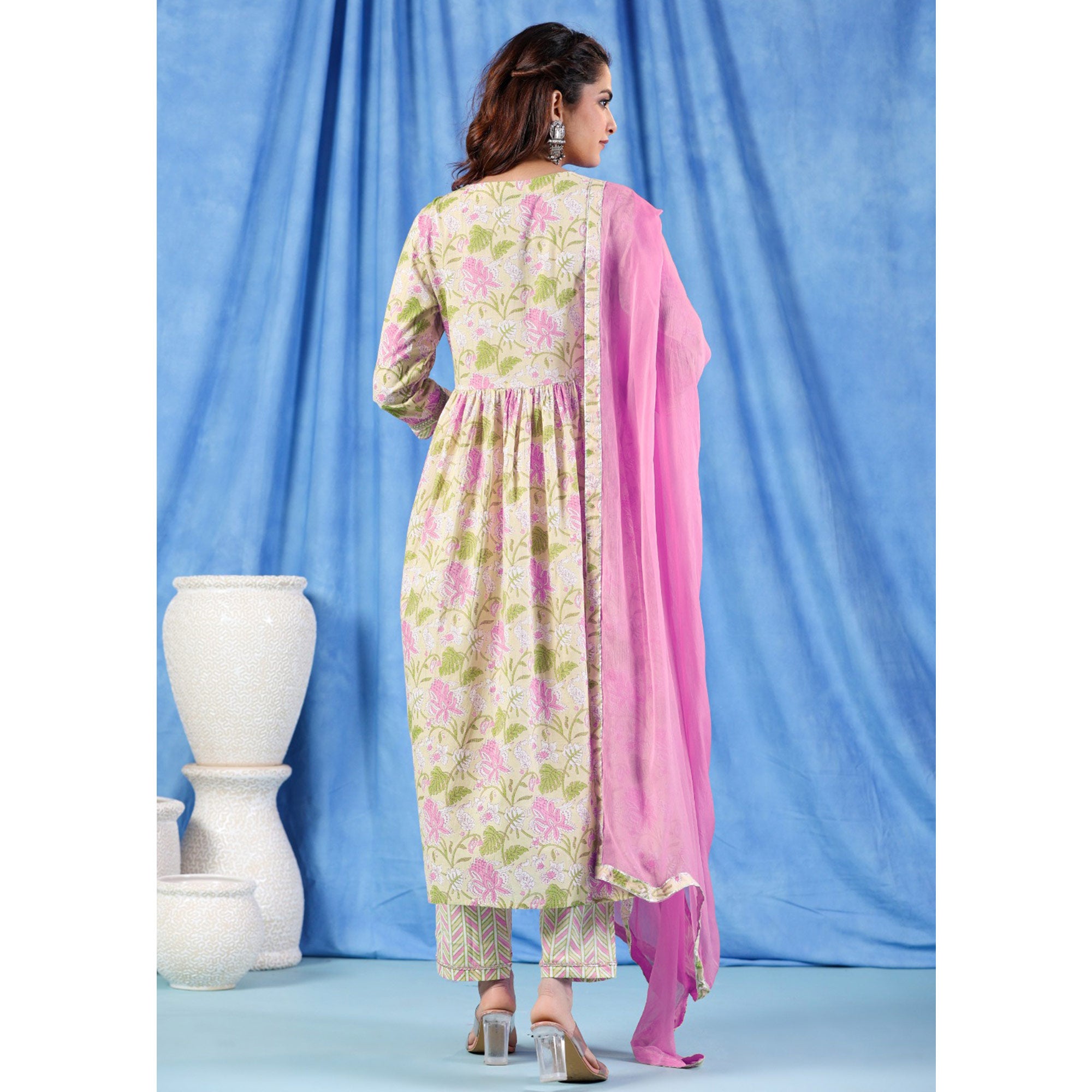 Yellow Pink Floral Printed Pure Cotton Naira Cut Suit