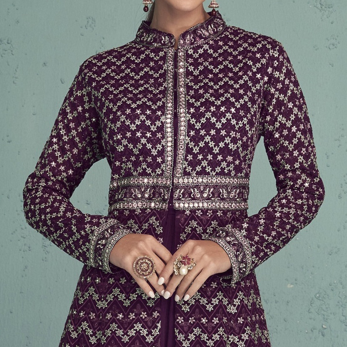 Purple Floral Embroidered Georgette Front Slit Suit