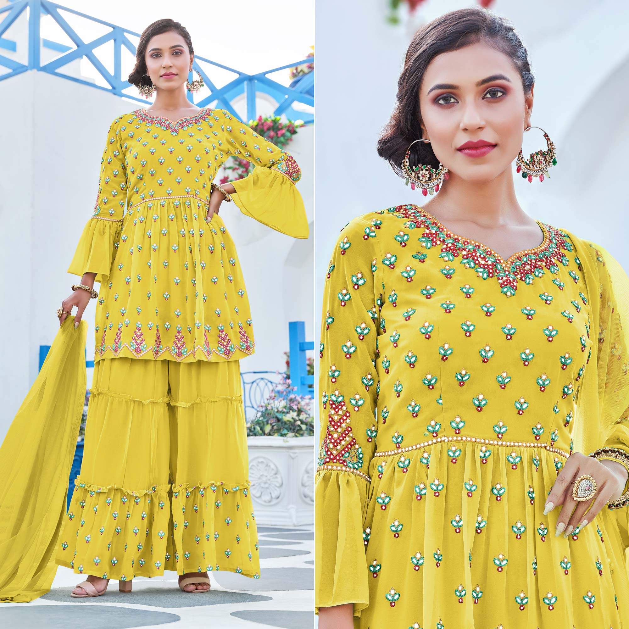 Yellow Floral Embroidered Georgette Sharara Suit