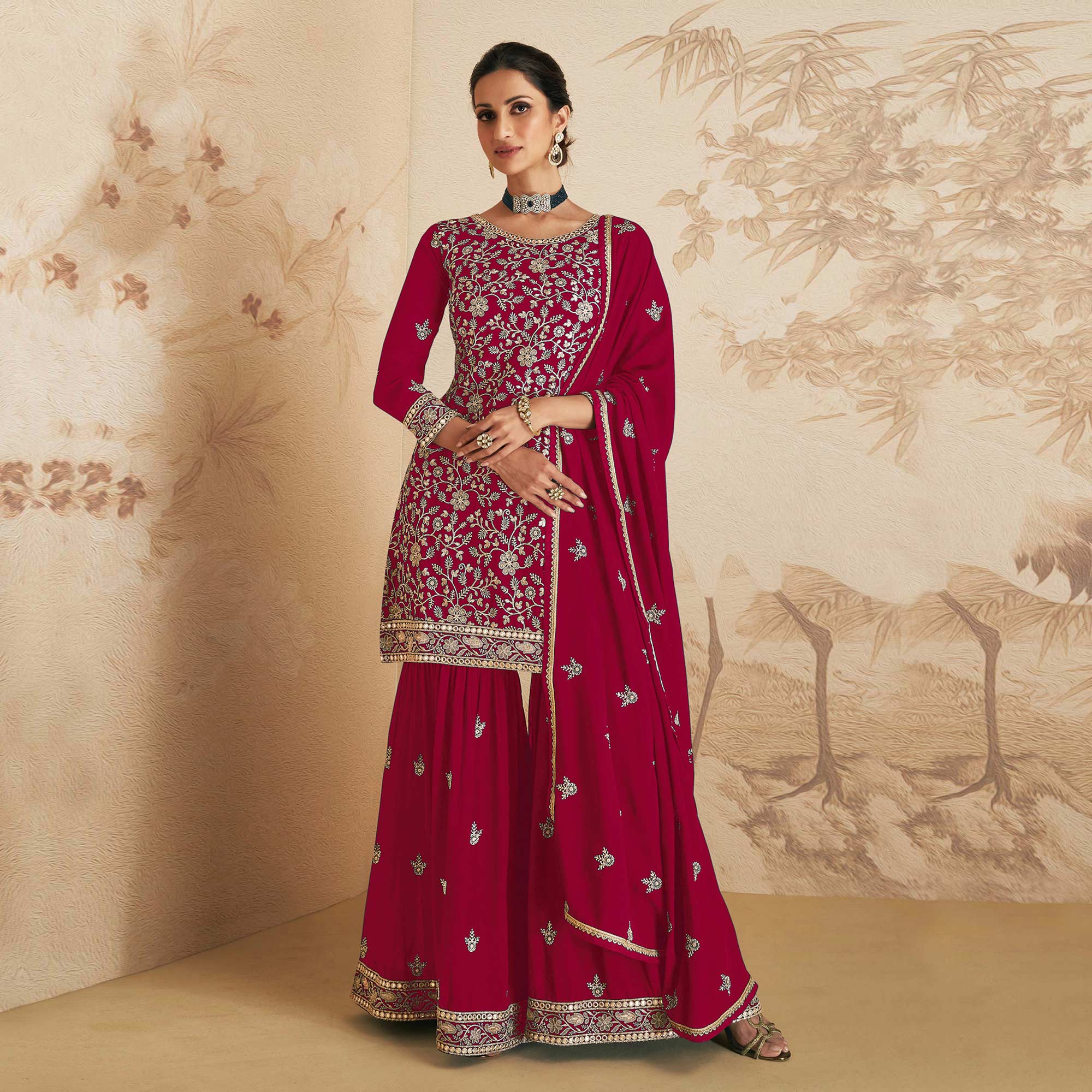 Red Sequins Embroidered Georgette Semi Stitched Sharara Suit