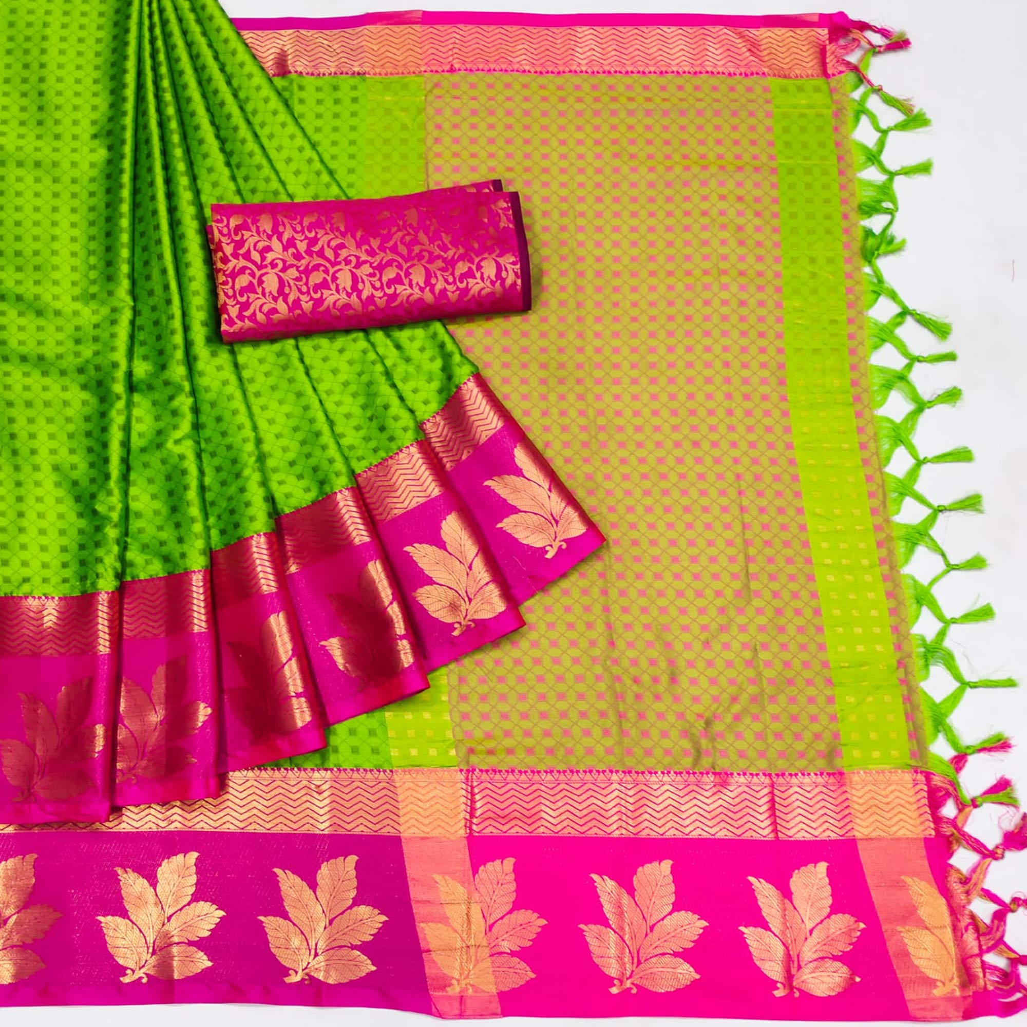 Parrot Green Woven Cotton Silk Saree With Tassels
