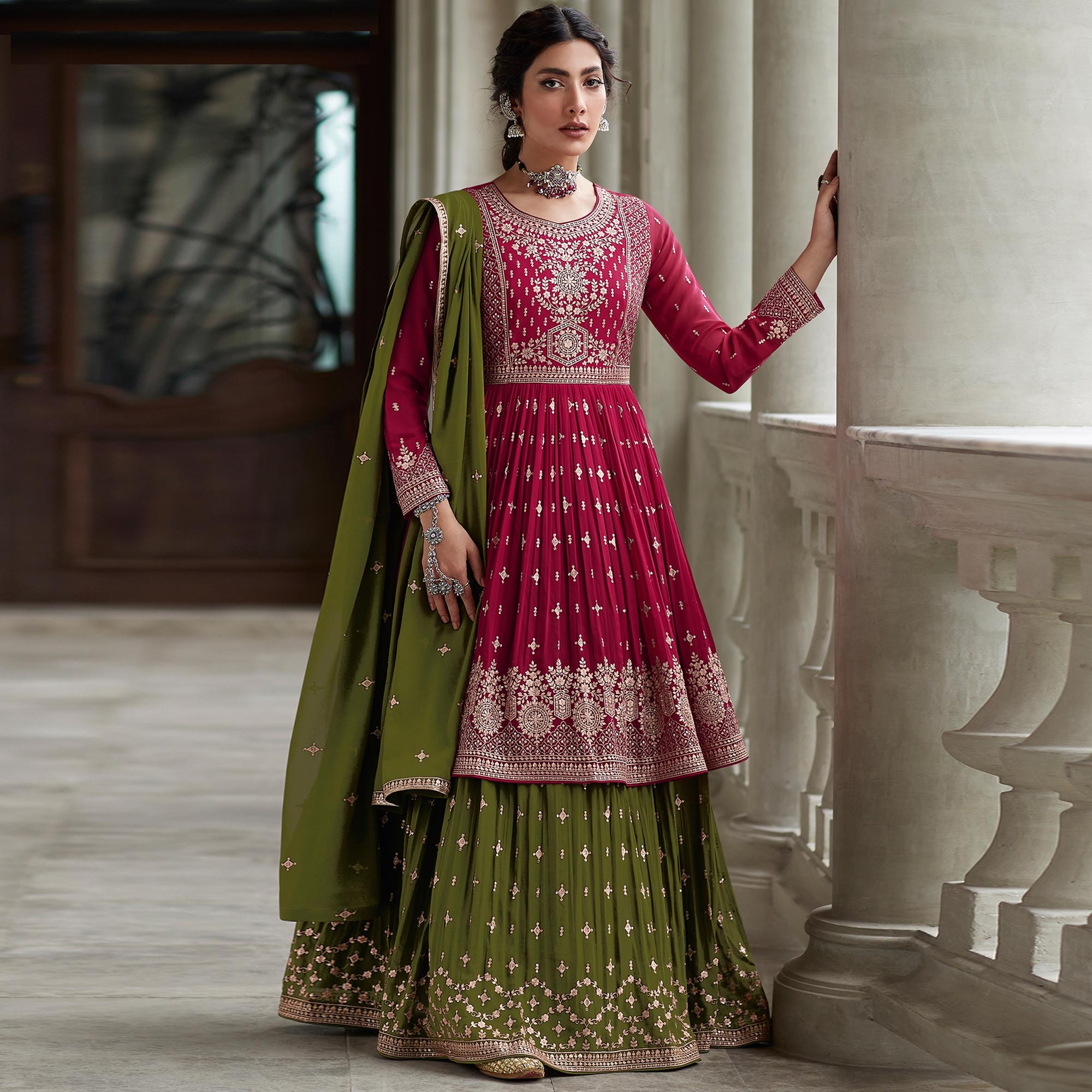 Pink Floral Sequins Embroidered Georgette Sharara Suit