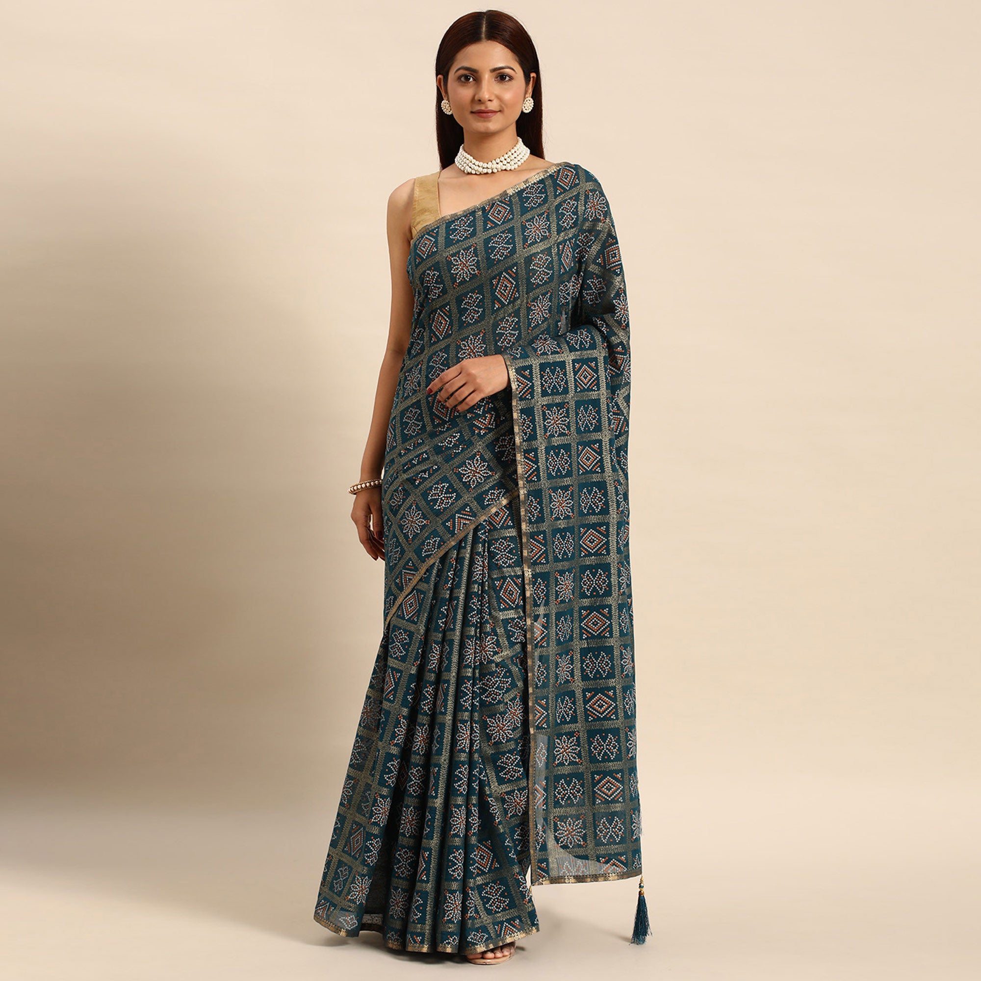 Blue Bandhani Foil Printed Zomato Saree With Tassels