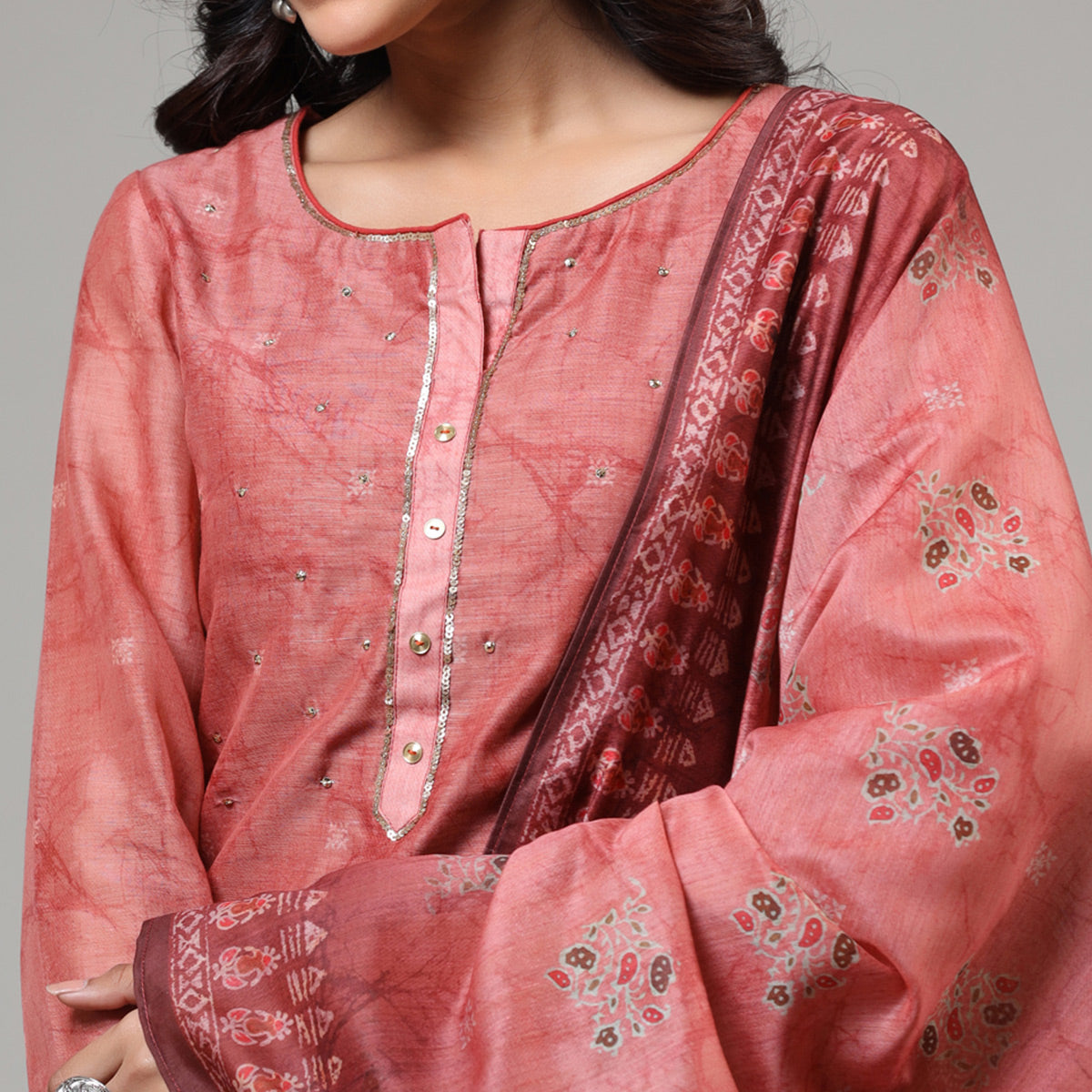 Peach Printed With Sequins Work Chanderi Salwar Suit