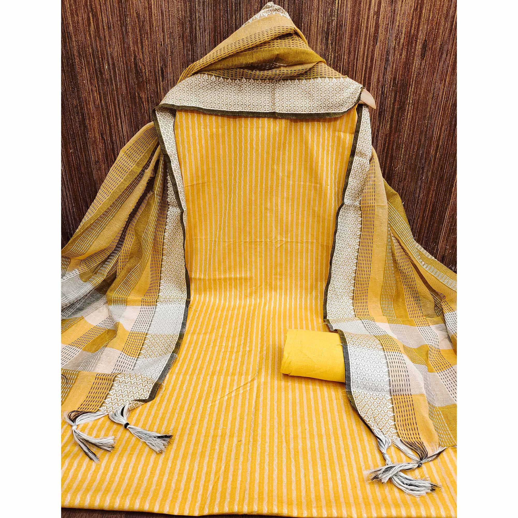 Yellow Woven Cotton Blend Dress Material