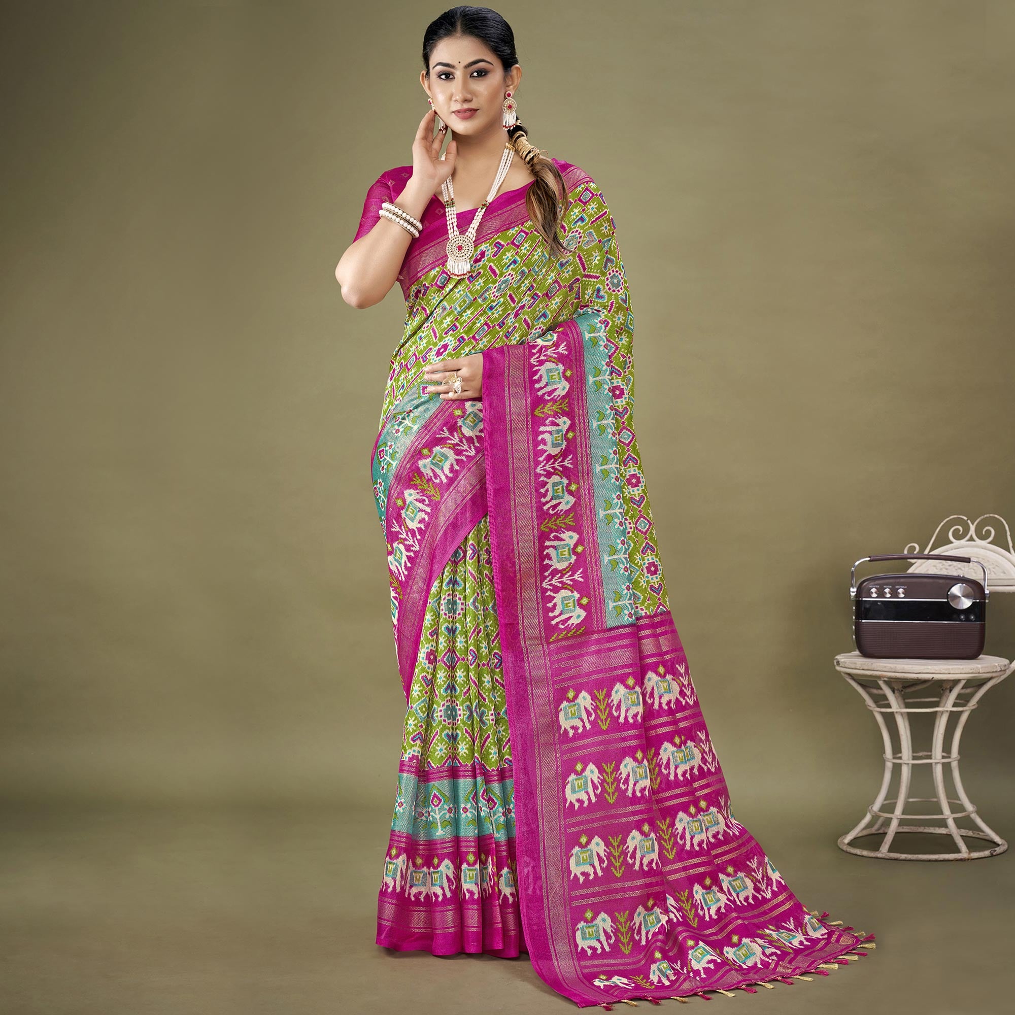 Green Printed Jute Patola Saree